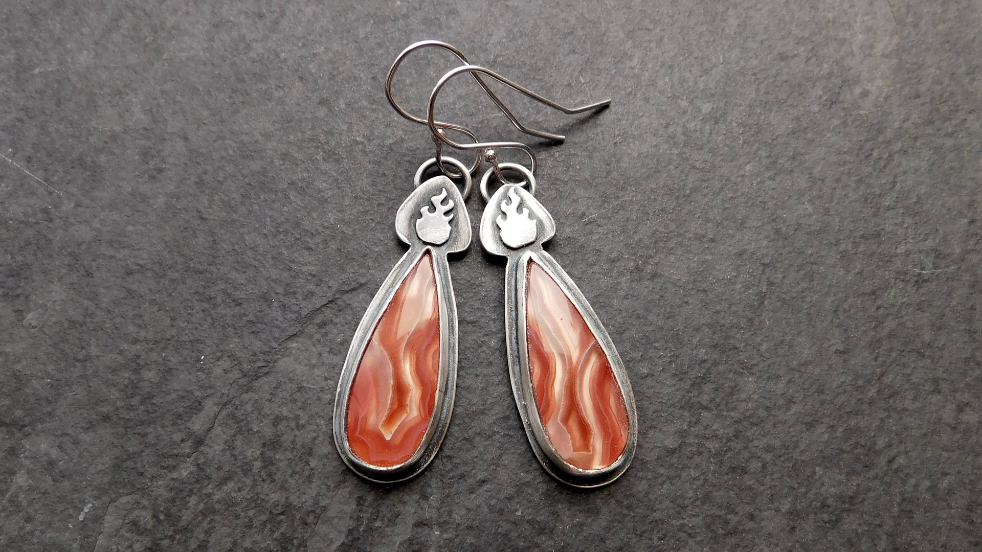 Rust Orange Agua Nueva Agate Sterling Silver Burning Flame Earrings