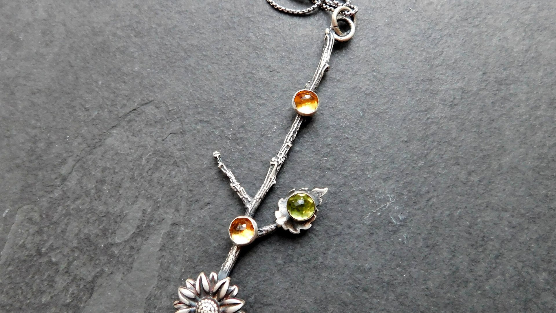 Citrine Sunflower Oxidized Pendant