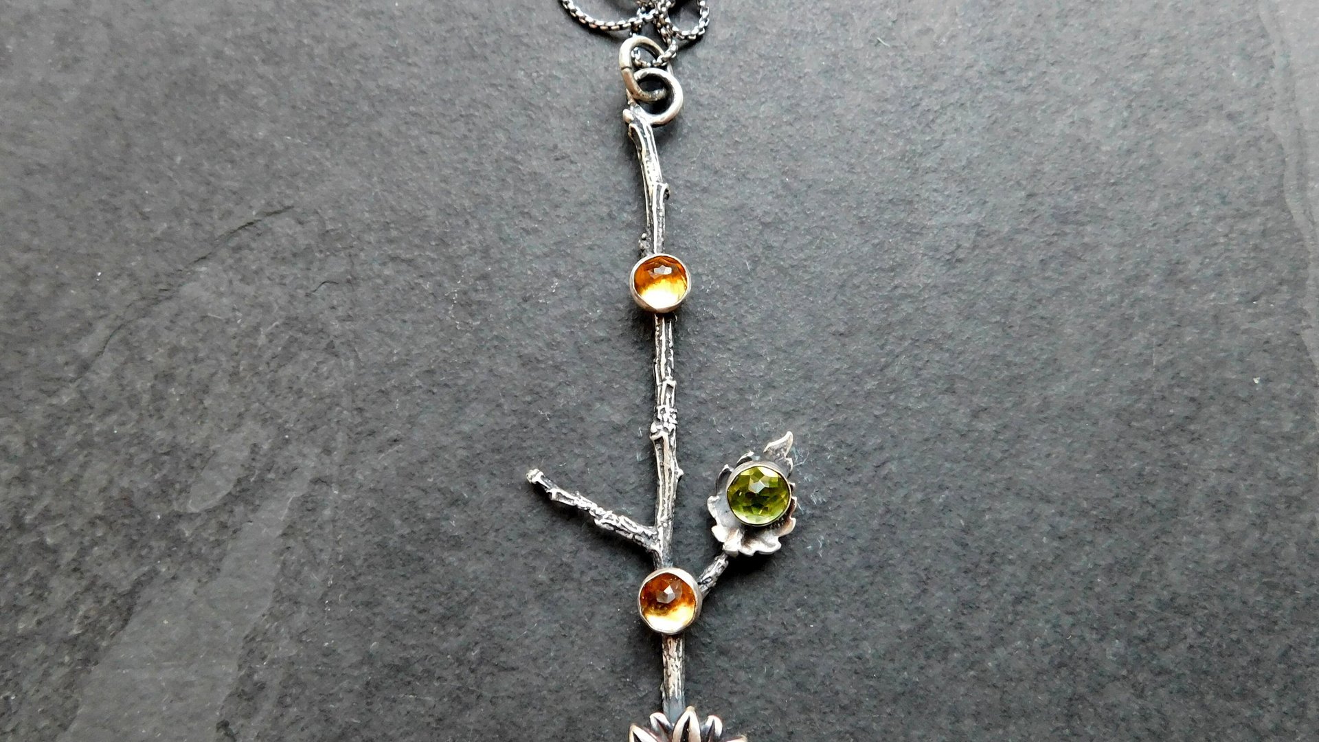 Citrine Peridot Sterling Silver Long Stem Sunflower Pendant Necklace