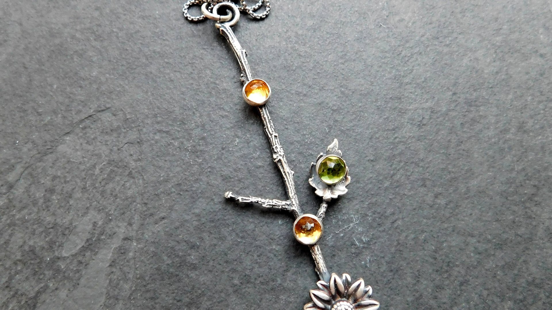 Citrine Peridot Sterling Silver Long Stem Sunflower Pendant Necklace