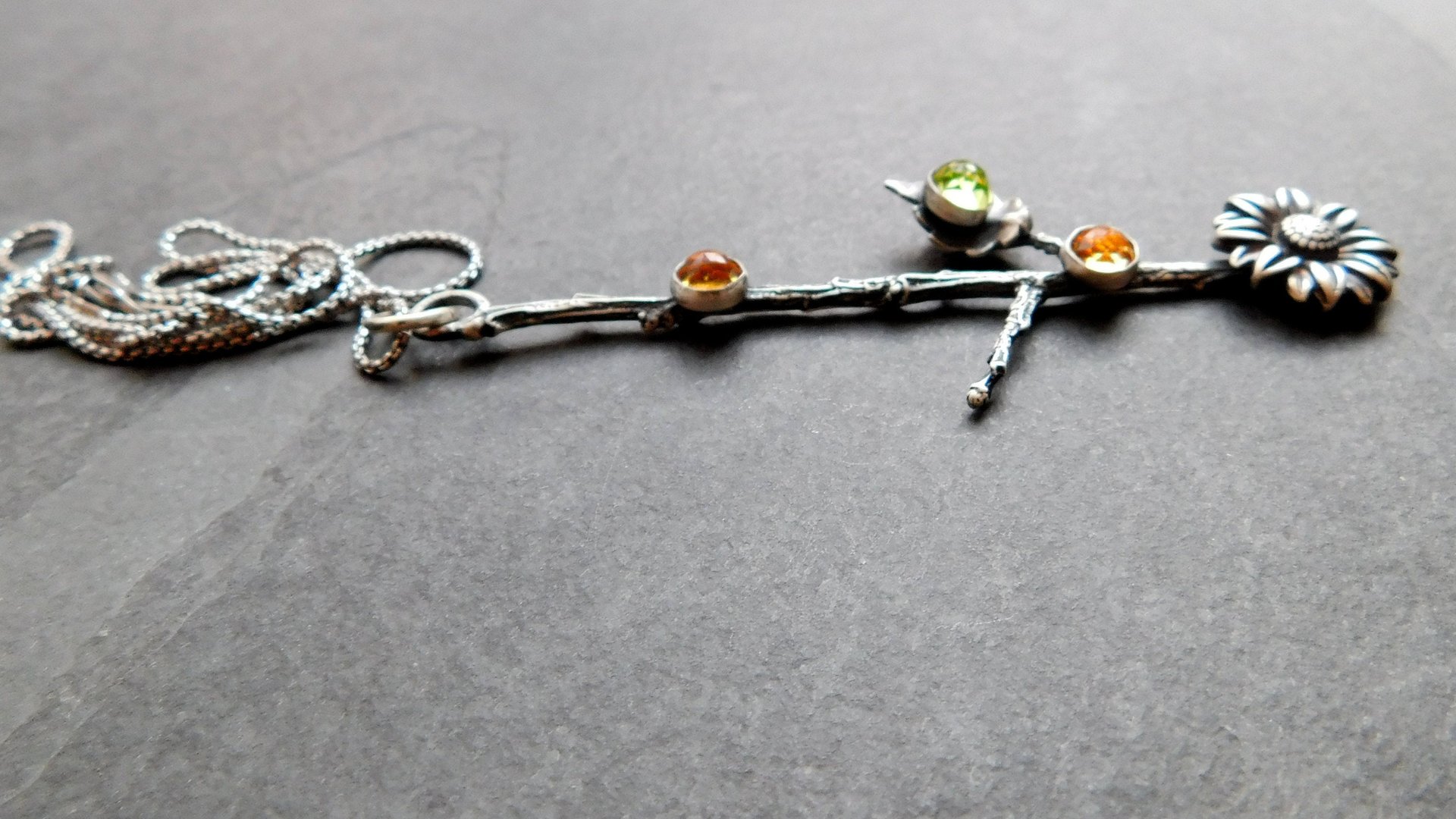 Citrine Peridot Sterling Silver Long Stem Sunflower Pendant Necklace