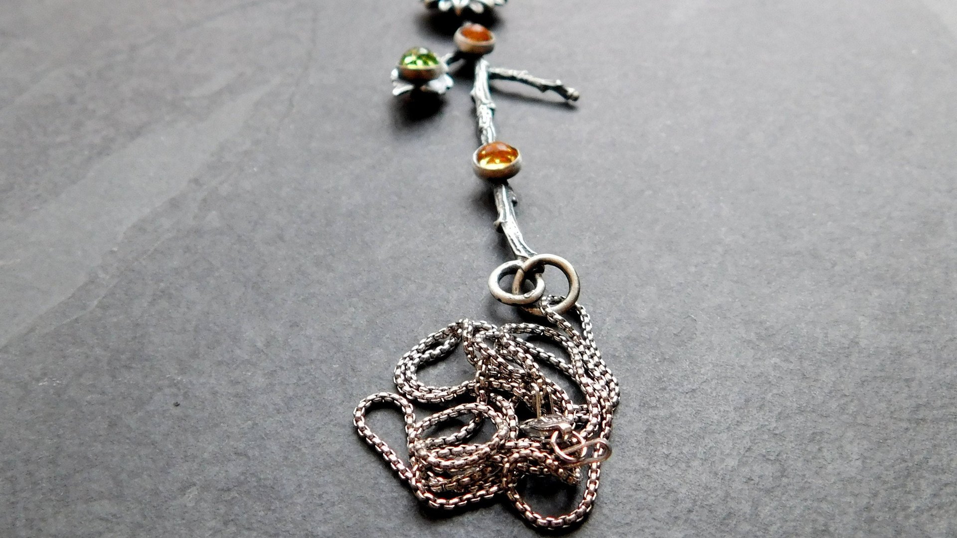 Citrine Peridot Sterling Silver Long Stem Sunflower Pendant Necklace