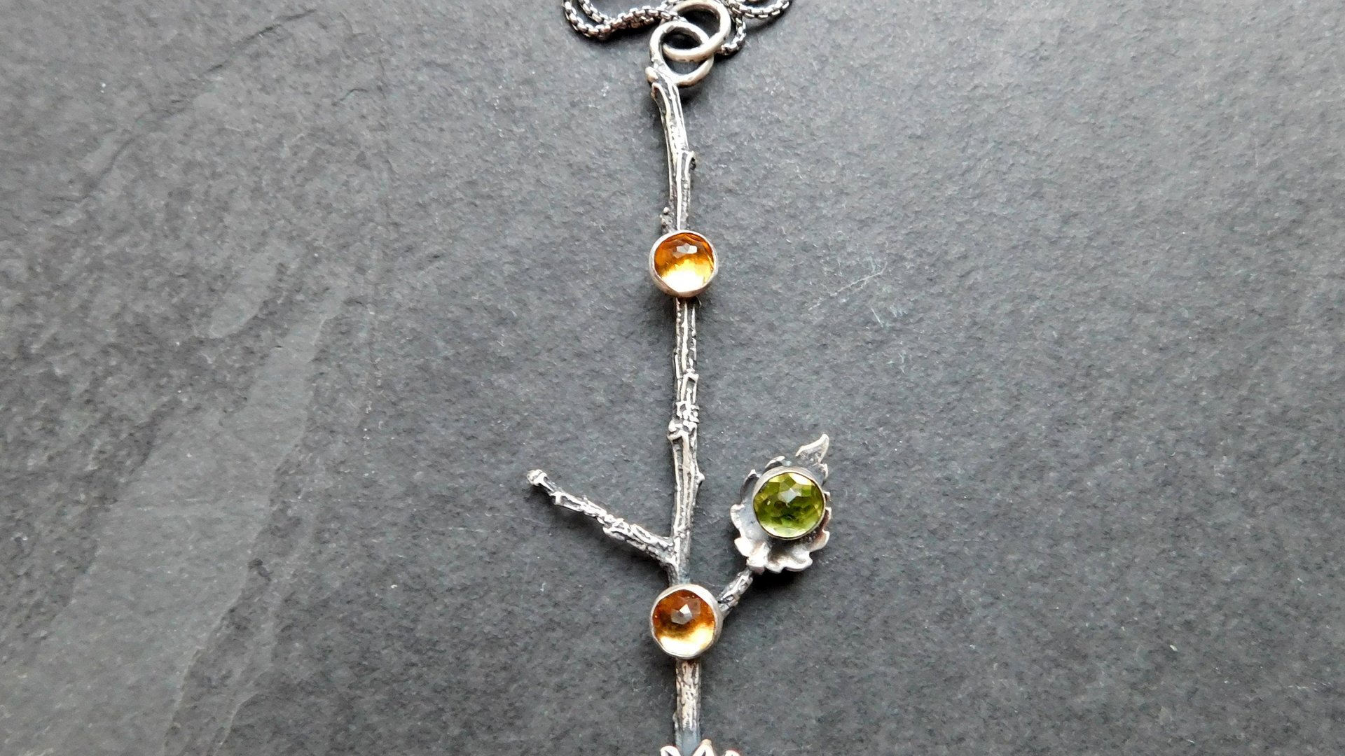 Citrine Peridot Sterling Silver Long Stem Sunflower Pendant Necklace