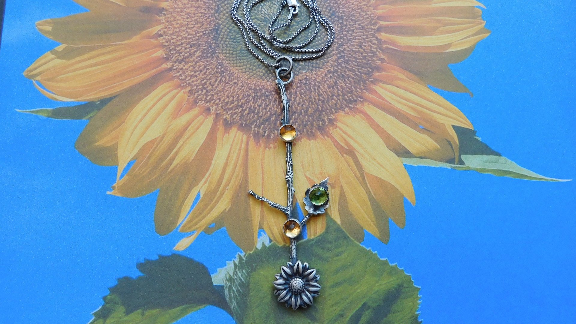 Citrine Peridot Sterling Silver Long Stem Sunflower Pendant Necklace