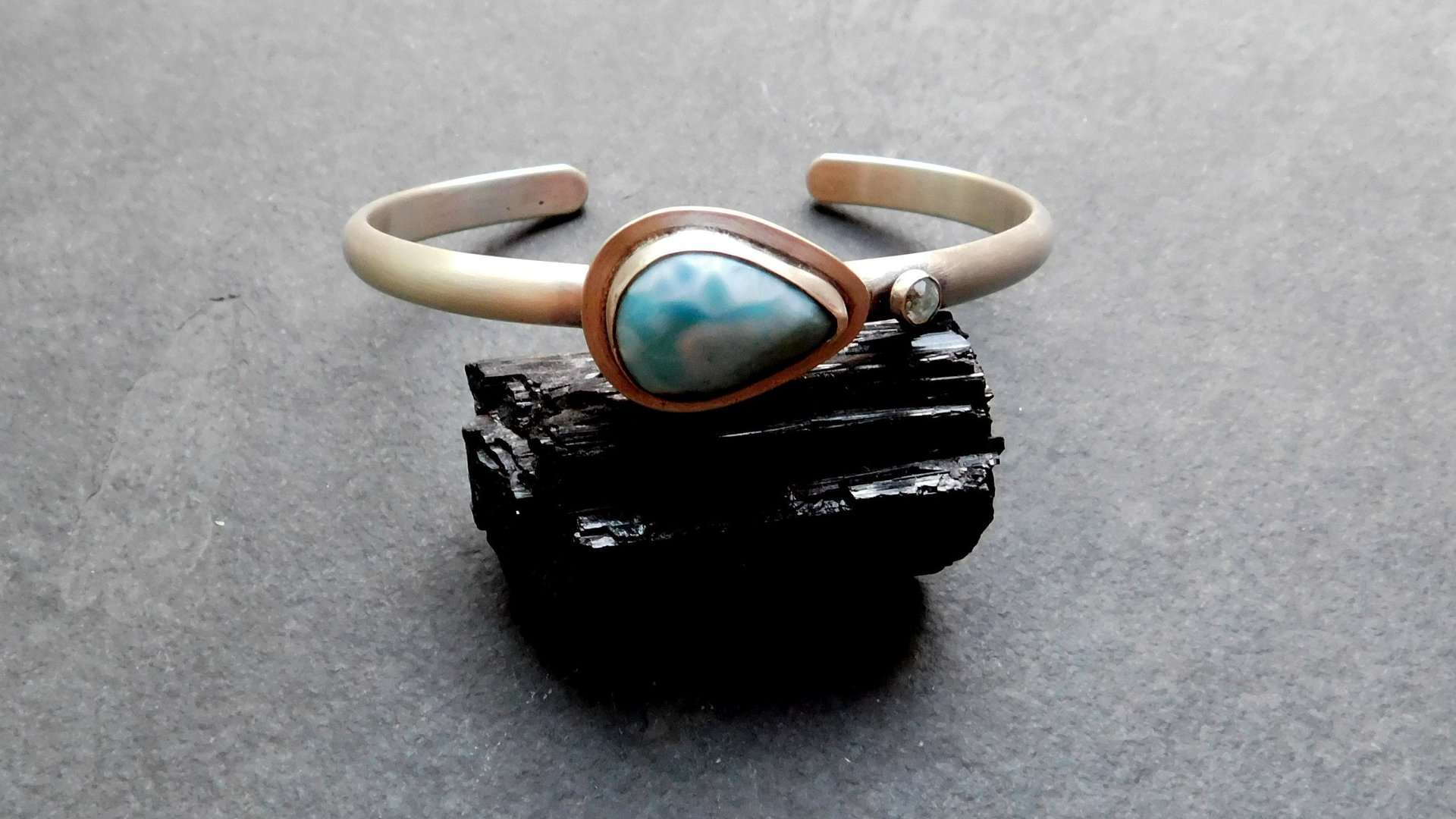 Larimar Teardrop Stone Light Blue Topaz Sterling Silver Cuff Bracelet, Ocean Blue Stone, Beach Jewelry