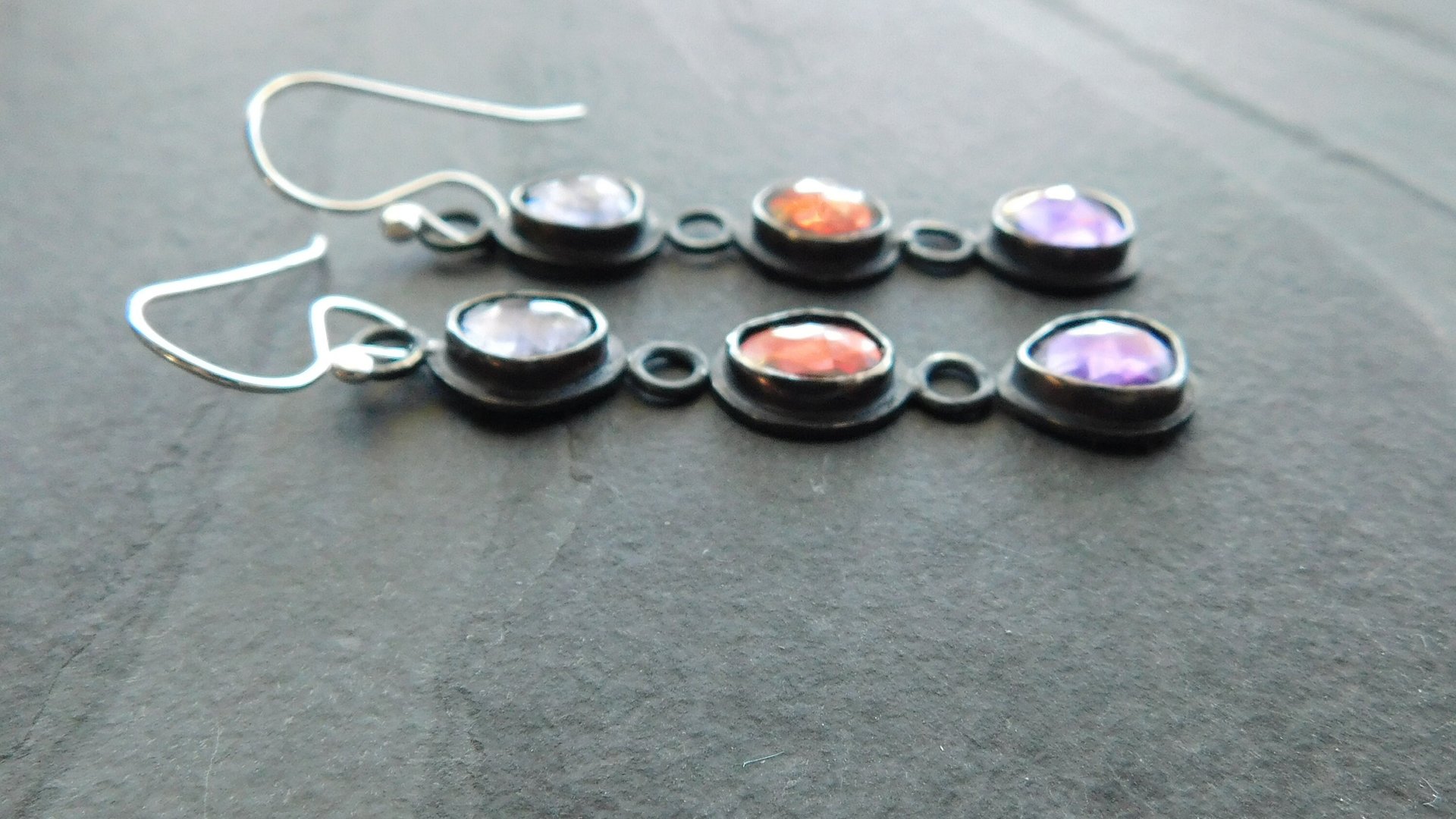 Iolite Garnet Amethyst Multi Stone Oxidized Sterling Silver Long Gemstone Dangle Earrings