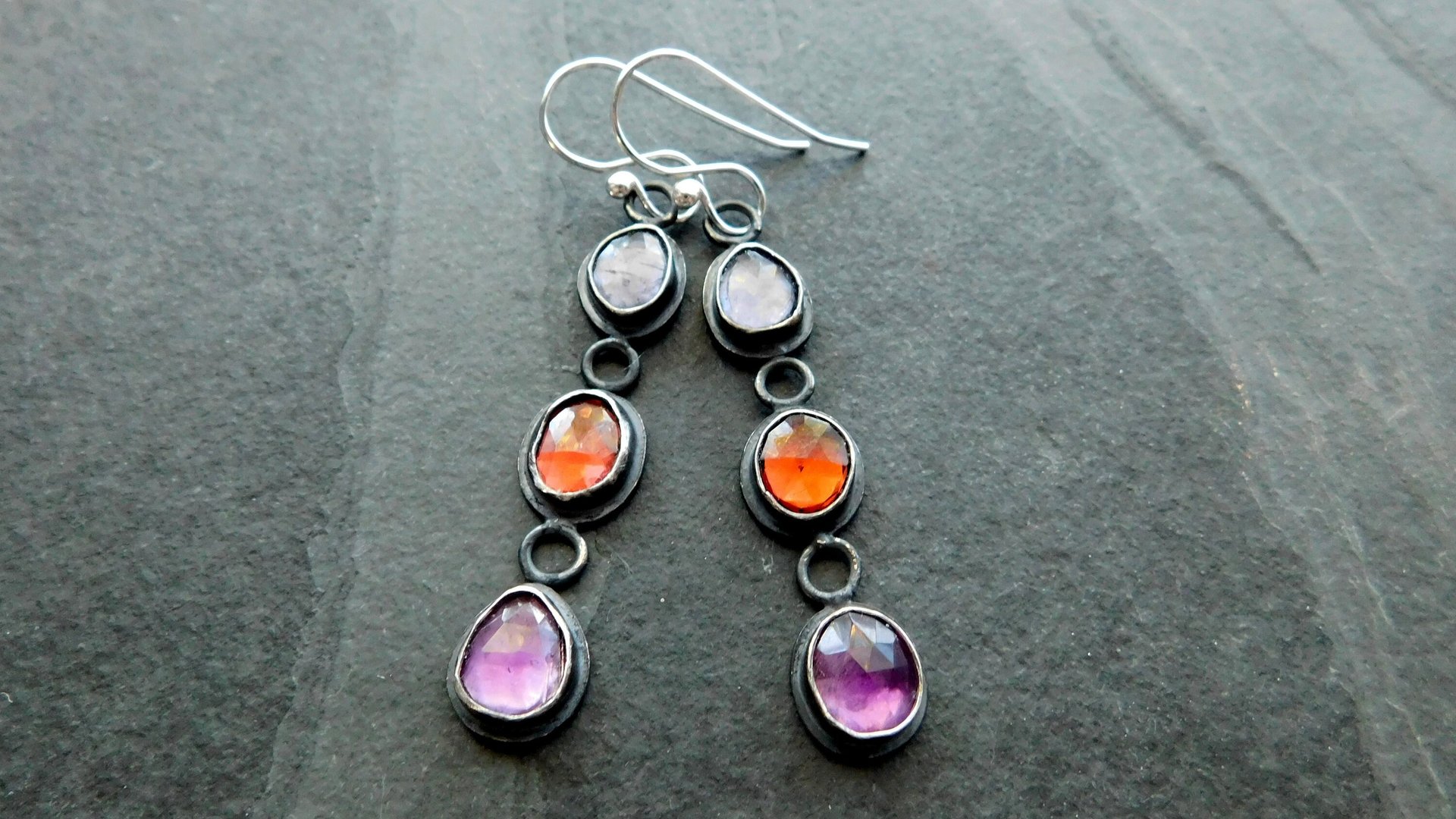 Iolite Garnet Amethyst Multi Stone Oxidized Sterling Silver Long Gemstone Dangle Earrings