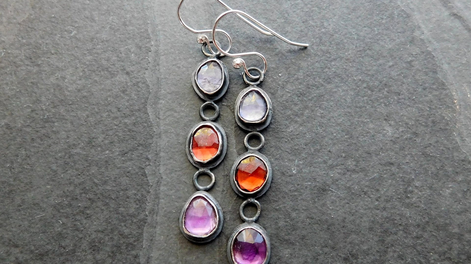 Iolite Garnet Amethyst Multi Stone Oxidized Sterling Silver Long Gemstone Dangle Earrings