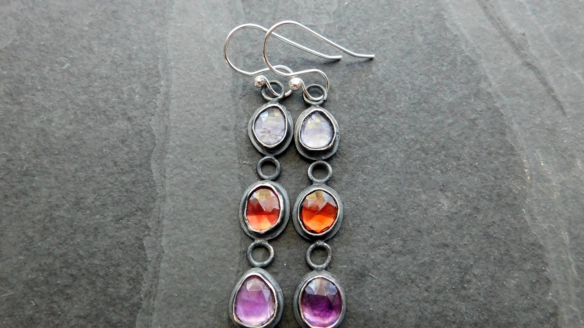 Iolite Garnet Amethyst Multi Stone Oxidized Sterling Silver Long Gemstone Dangle Earrings
