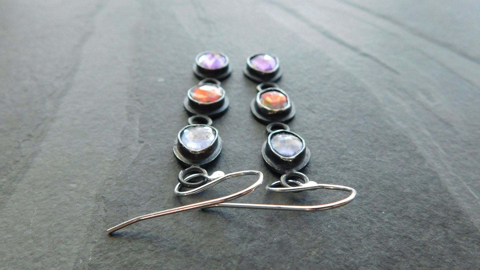 Iolite Garnet Amethyst Multi Stone Oxidized Sterling Silver Long Gemstone Dangle Earrings