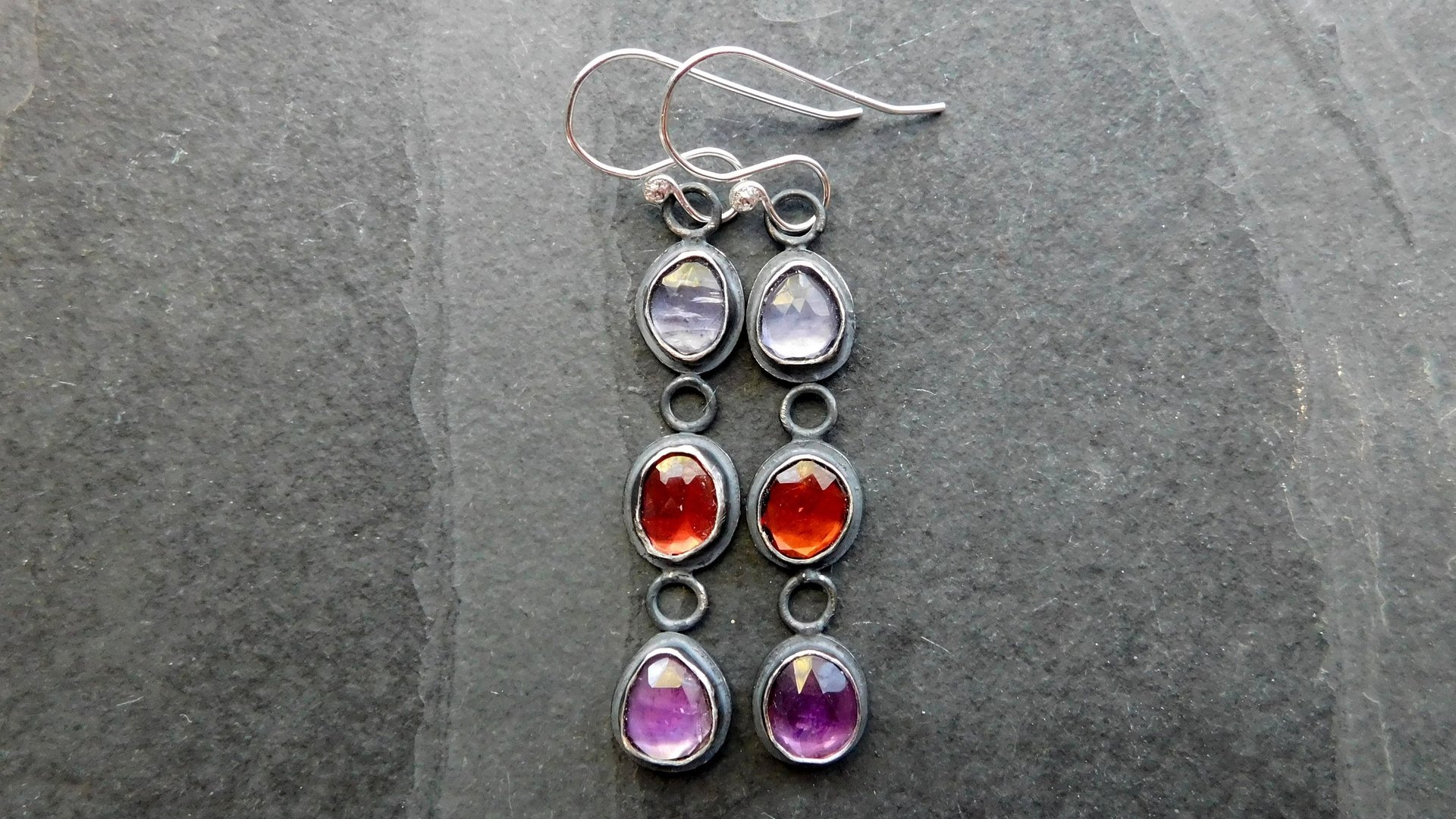 Iolite Garnet Amethyst Multi Stone Oxidized Sterling Silver Long Gemstone Dangle Earrings
