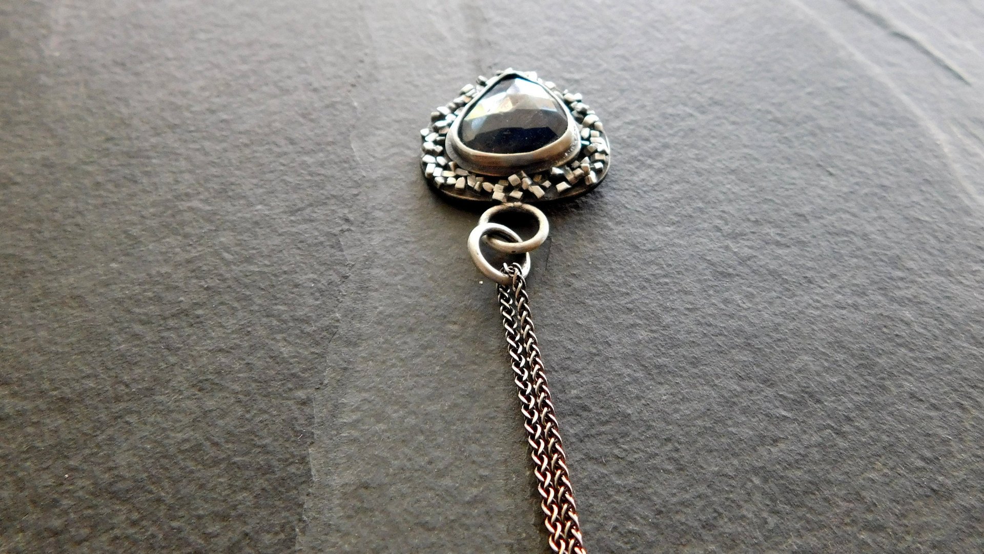 Rosecut Blue Sapphire Oxidized Sterling Silver Textured Wire Fragments Modernist Pendant Necklace