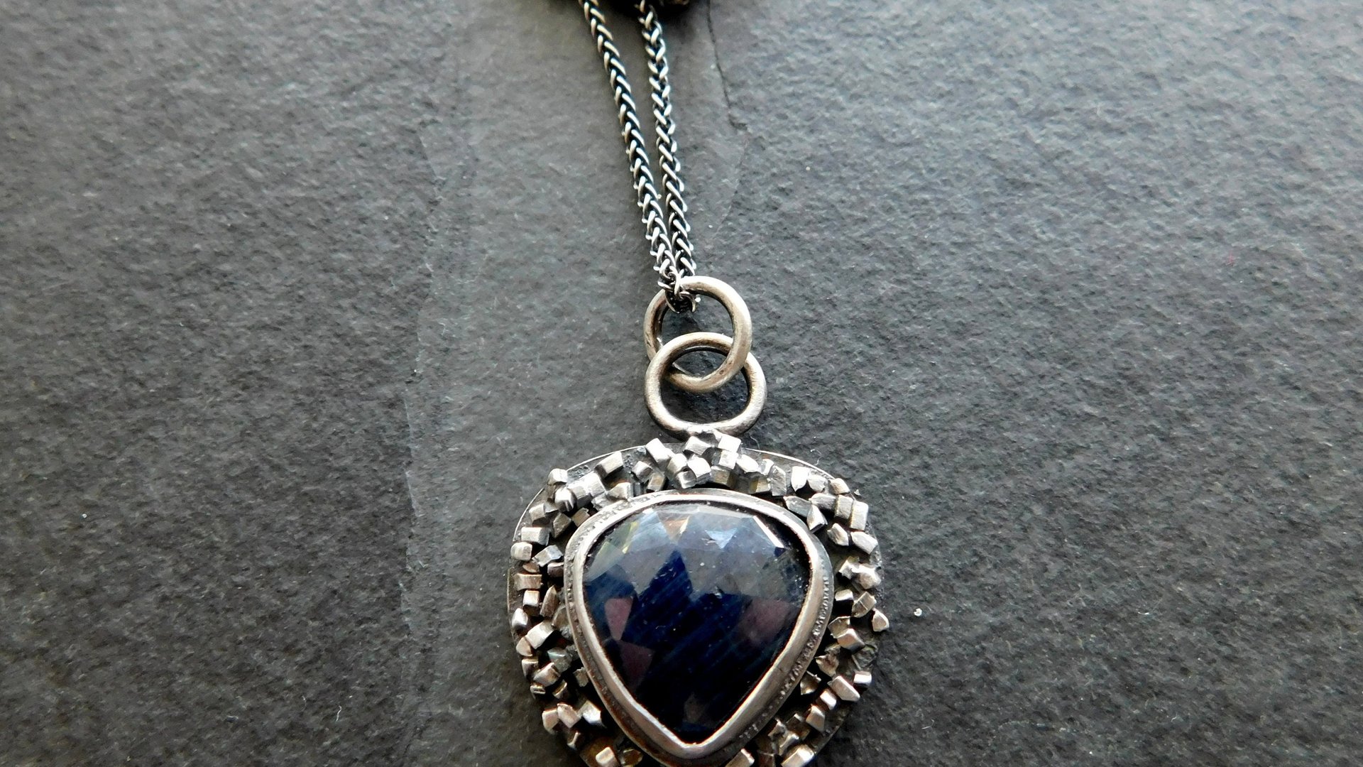 Rosecut Blue Sapphire Oxidized Sterling Silver Textured Wire Fragments Modernist Pendant Necklace