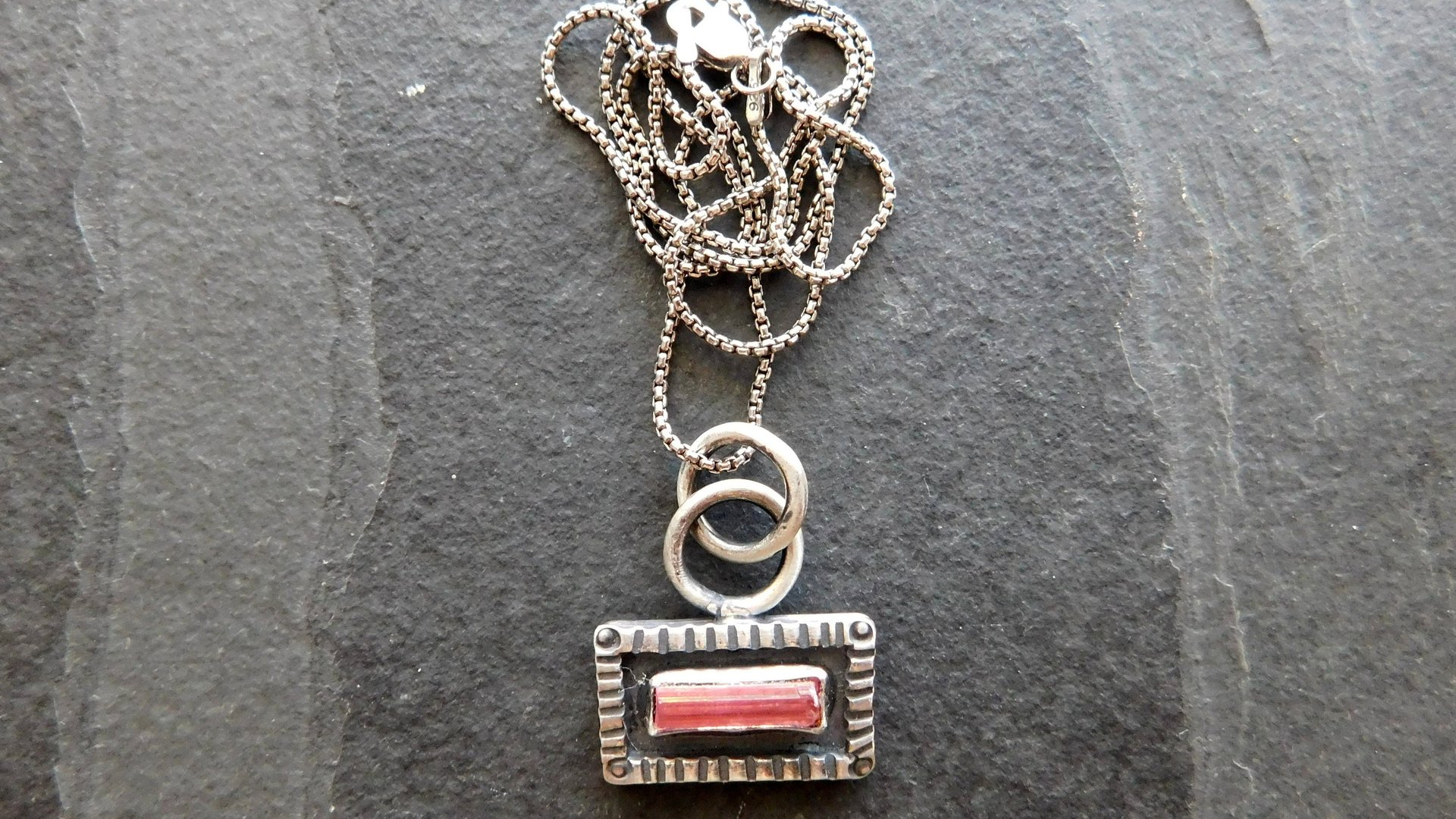 Pink Tourmaline Raw Mineral Sterling Silver Stamped Pendant Necklace