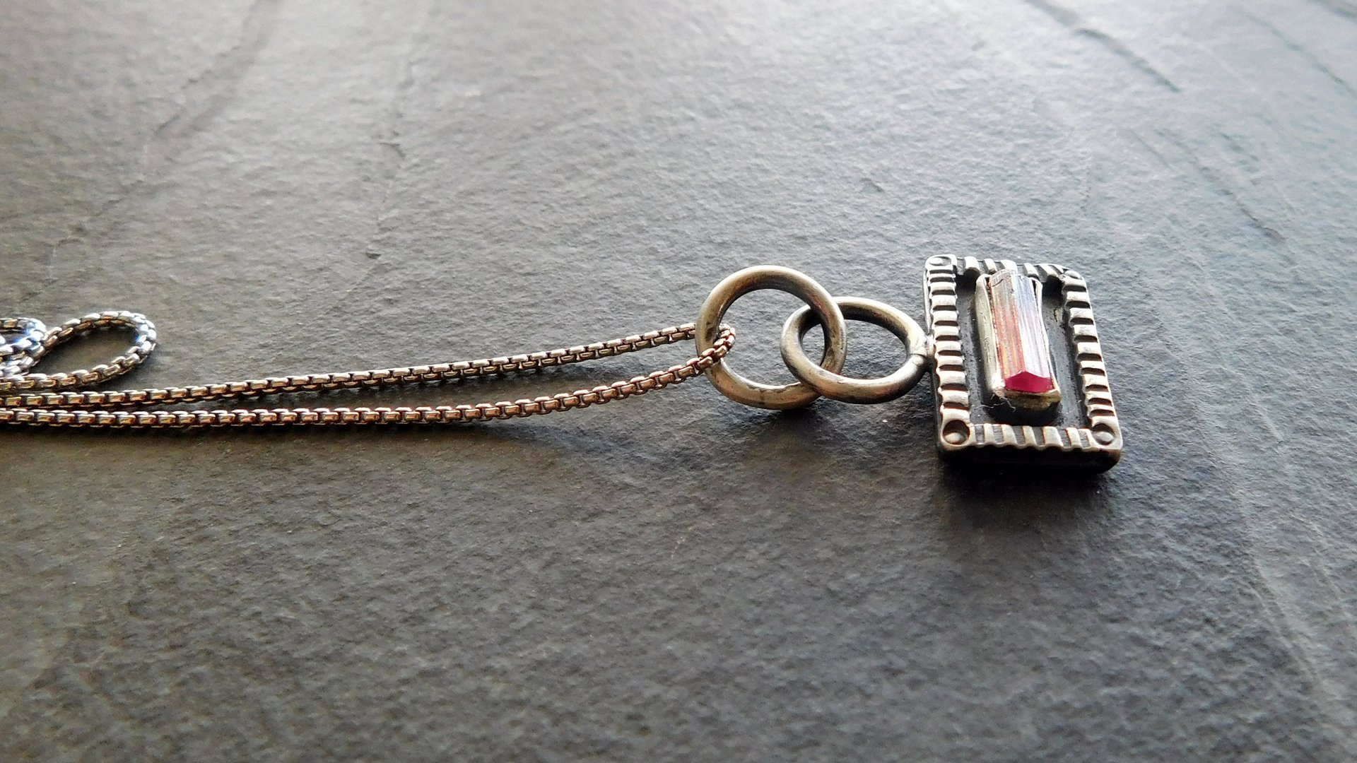 Pink Tourmaline Raw Mineral Sterling Silver Stamped Pendant Necklace