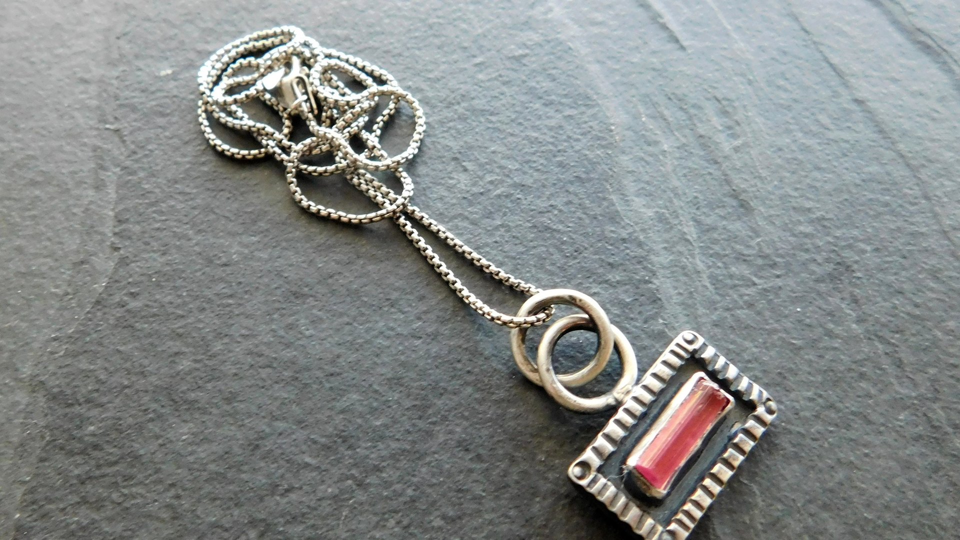 Pink Tourmaline Raw Mineral Sterling Silver Stamped Pendant Necklace