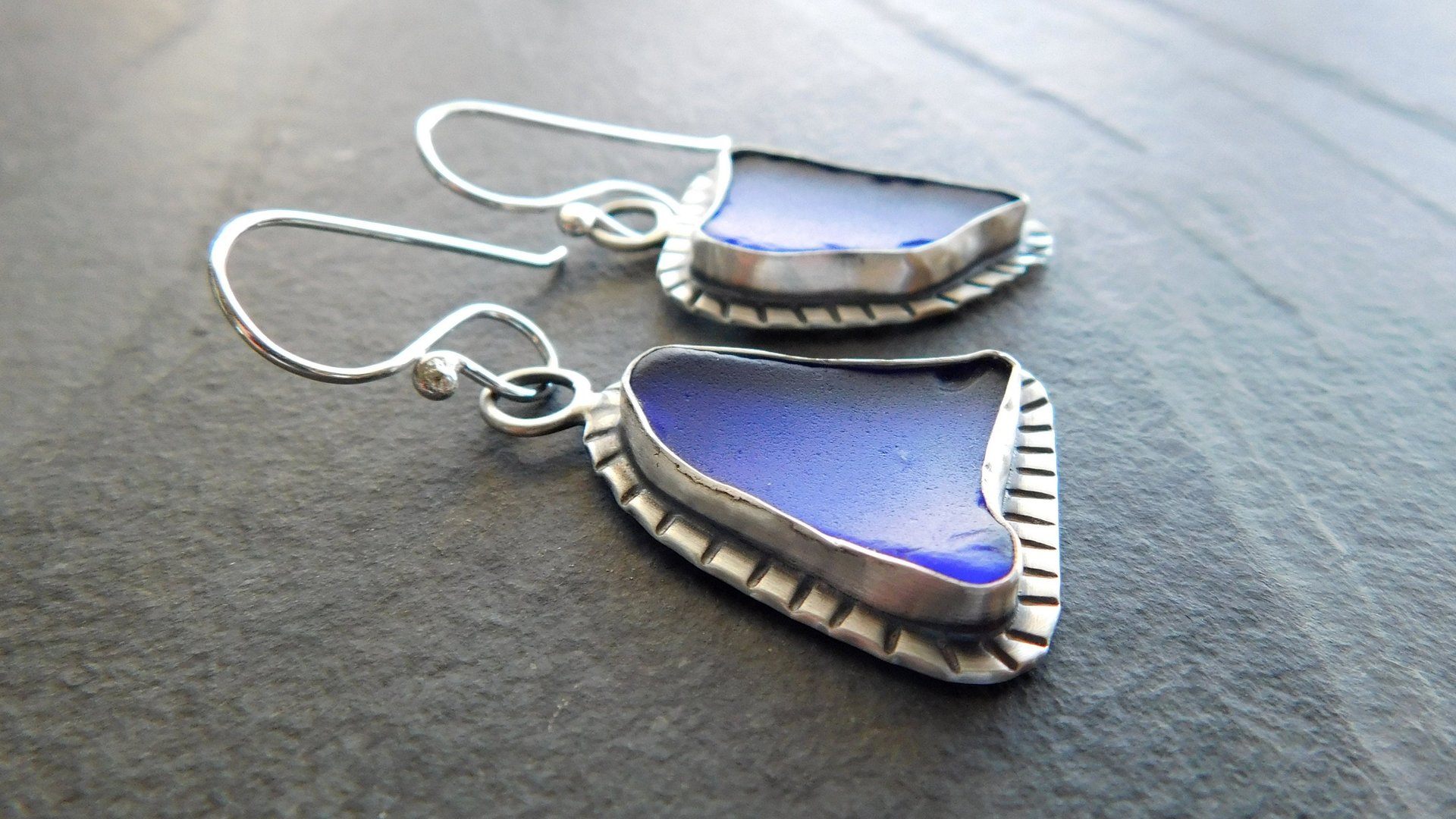 Cobalt Blue Natural Sea Glass Mismatched Oxidized Sterling Silver Stamped Dangle Earrings