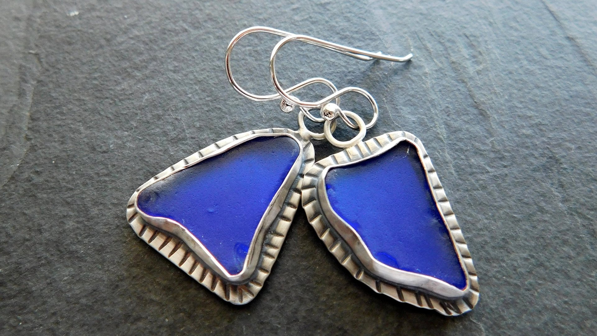 Cobalt Blue Natural Sea Glass Mismatched Oxidized Sterling Silver Stamped Dangle Earrings