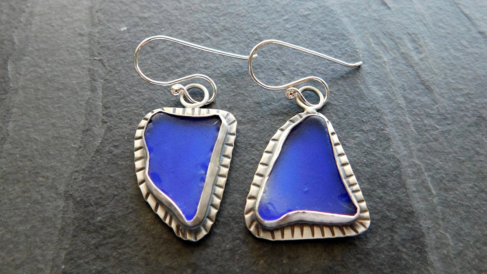 Cobalt Blue Natural Sea Glass Mismatched Oxidized Sterling Silver Stamped Dangle Earrings