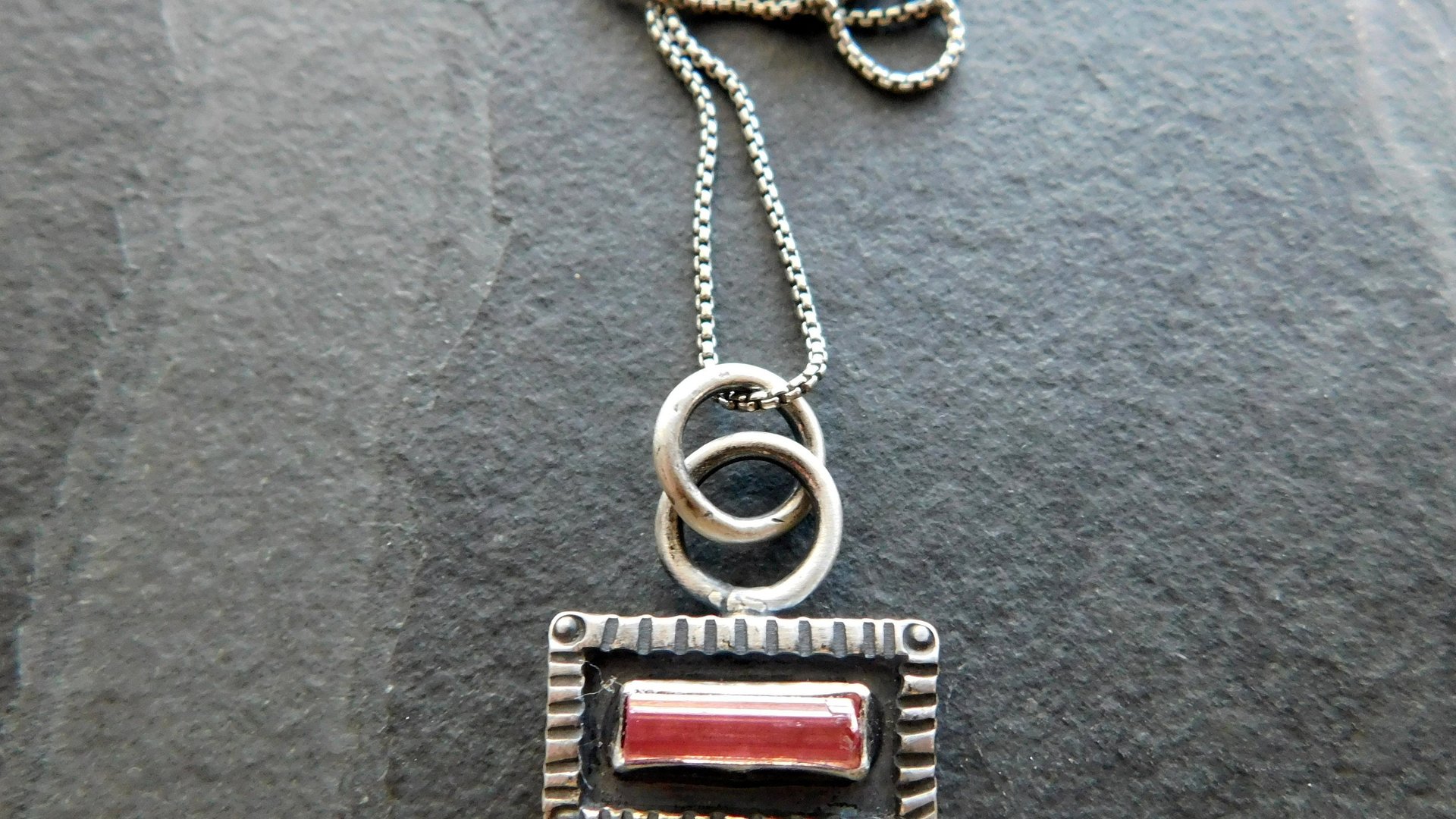 Pink Tourmaline Raw Mineral Sterling Silver Stamped Pendant Necklace