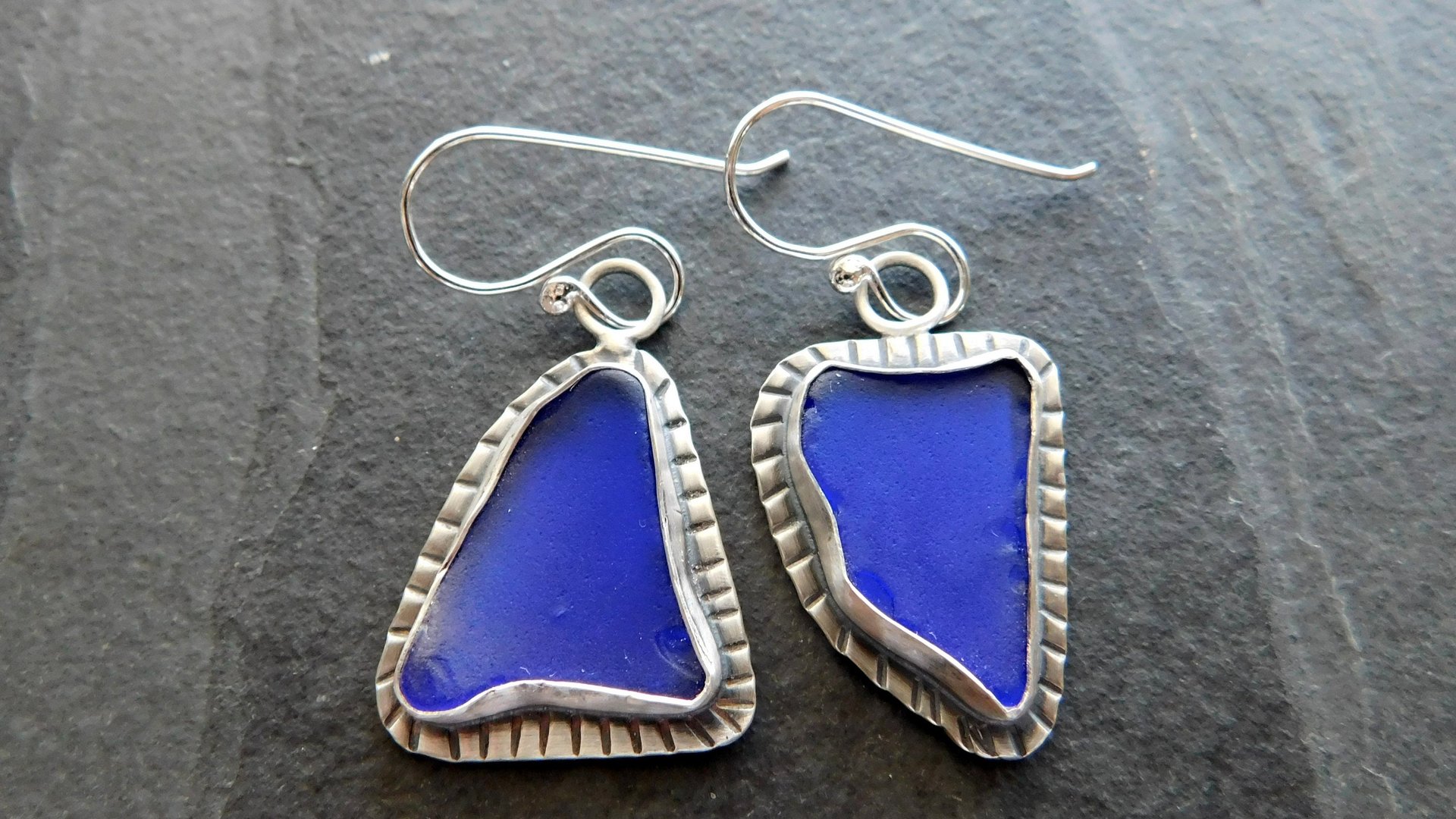 Cobalt Blue Natural Sea Glass Mismatched Oxidized Sterling Silver Stamped Dangle Earrings