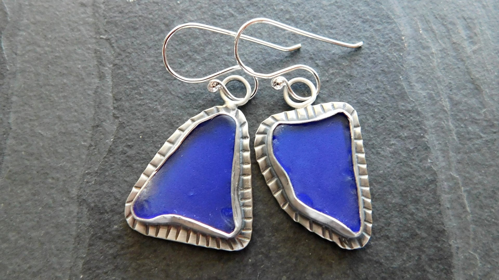 Cobalt Blue Natural Sea Glass Mismatched Oxidized Sterling Silver Stamped Dangle Earrings