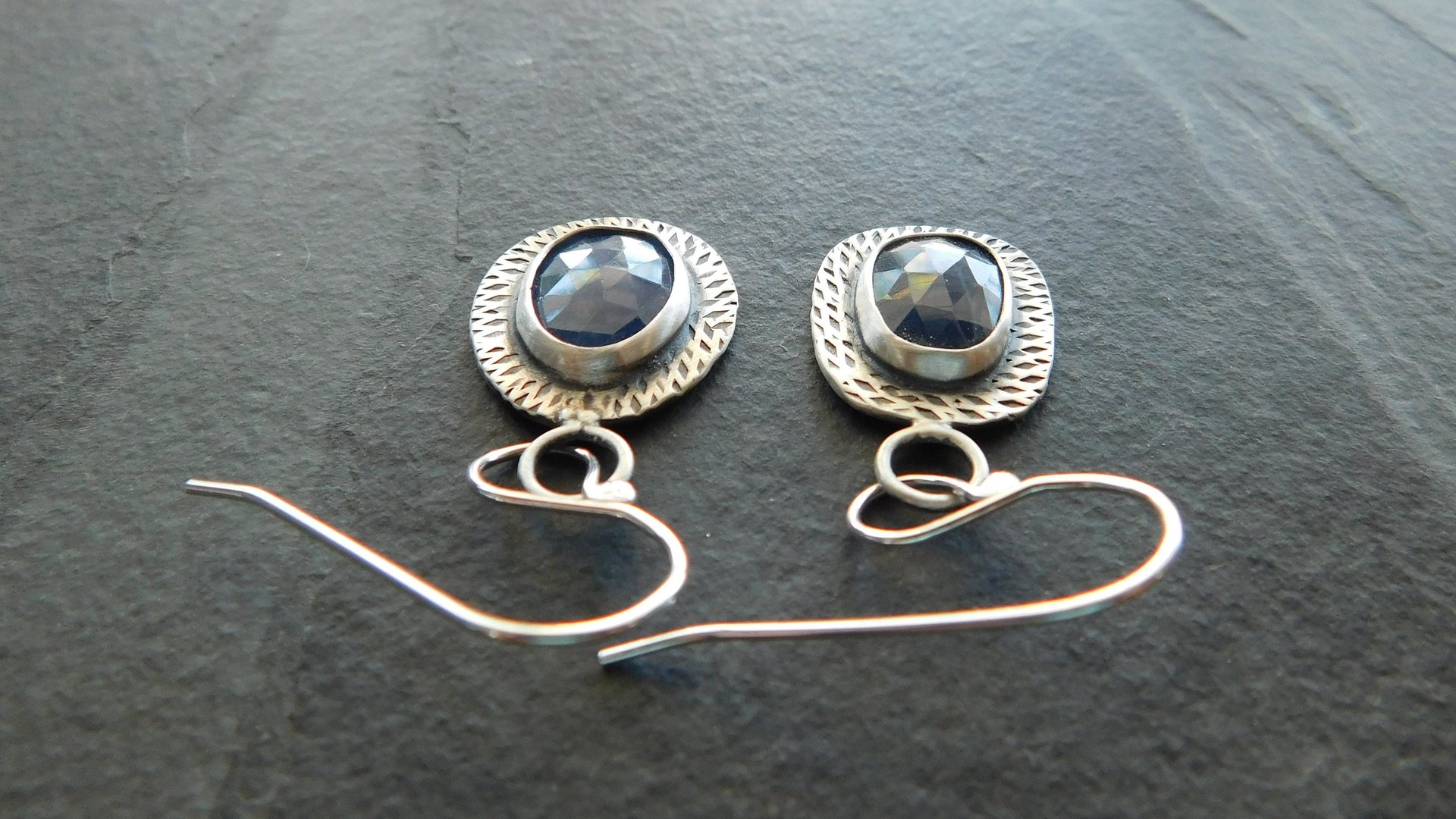 Royal Blue Sapphire Sterling Silver Stamped Textured Mismatched Dangle Earrings