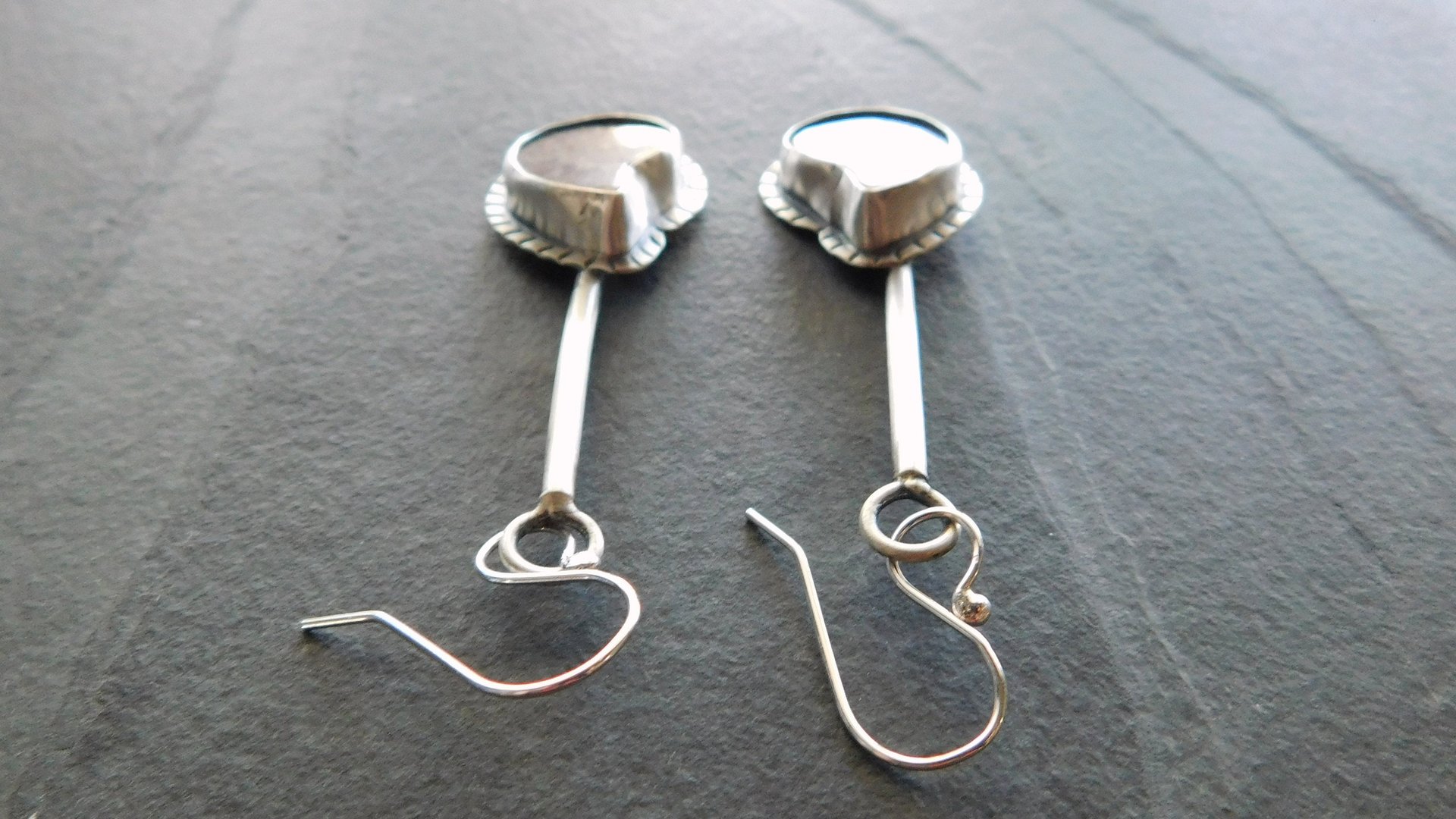 Natural Ammonite Stone Stamped Sterling Silver Long Swing Dangle Earrings
