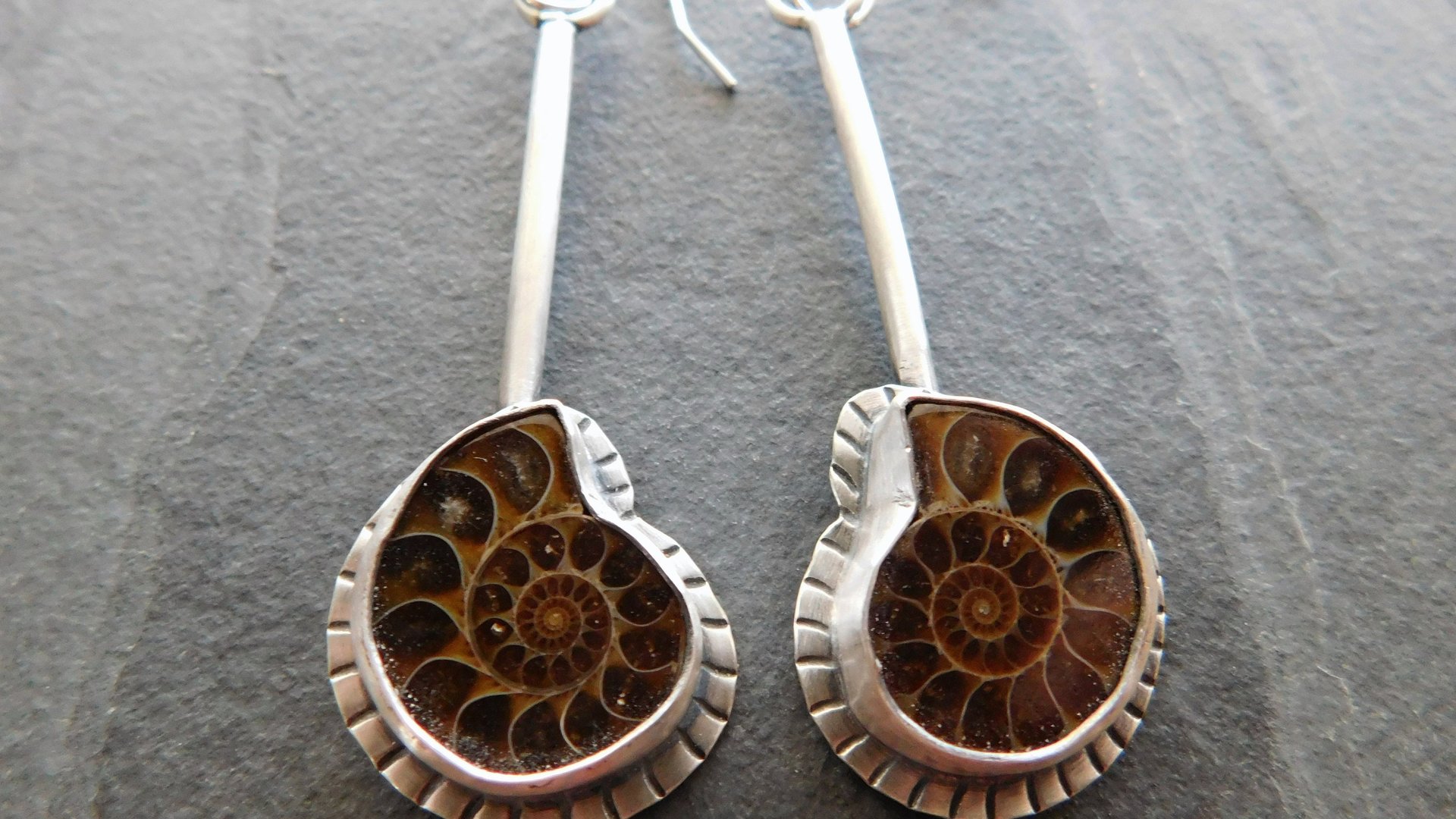 Natural Ammonite Stone Stamped Sterling Silver Long Swing Dangle Earrings