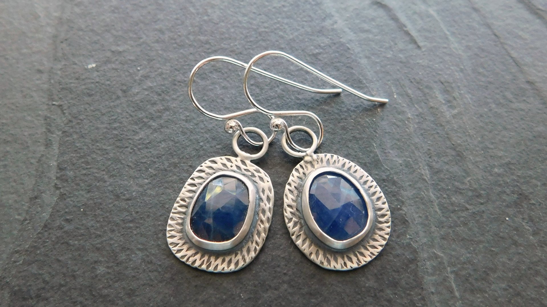 Royal Blue Sapphire Sterling Silver Stamped Textured Mismatched Dangle Earrings