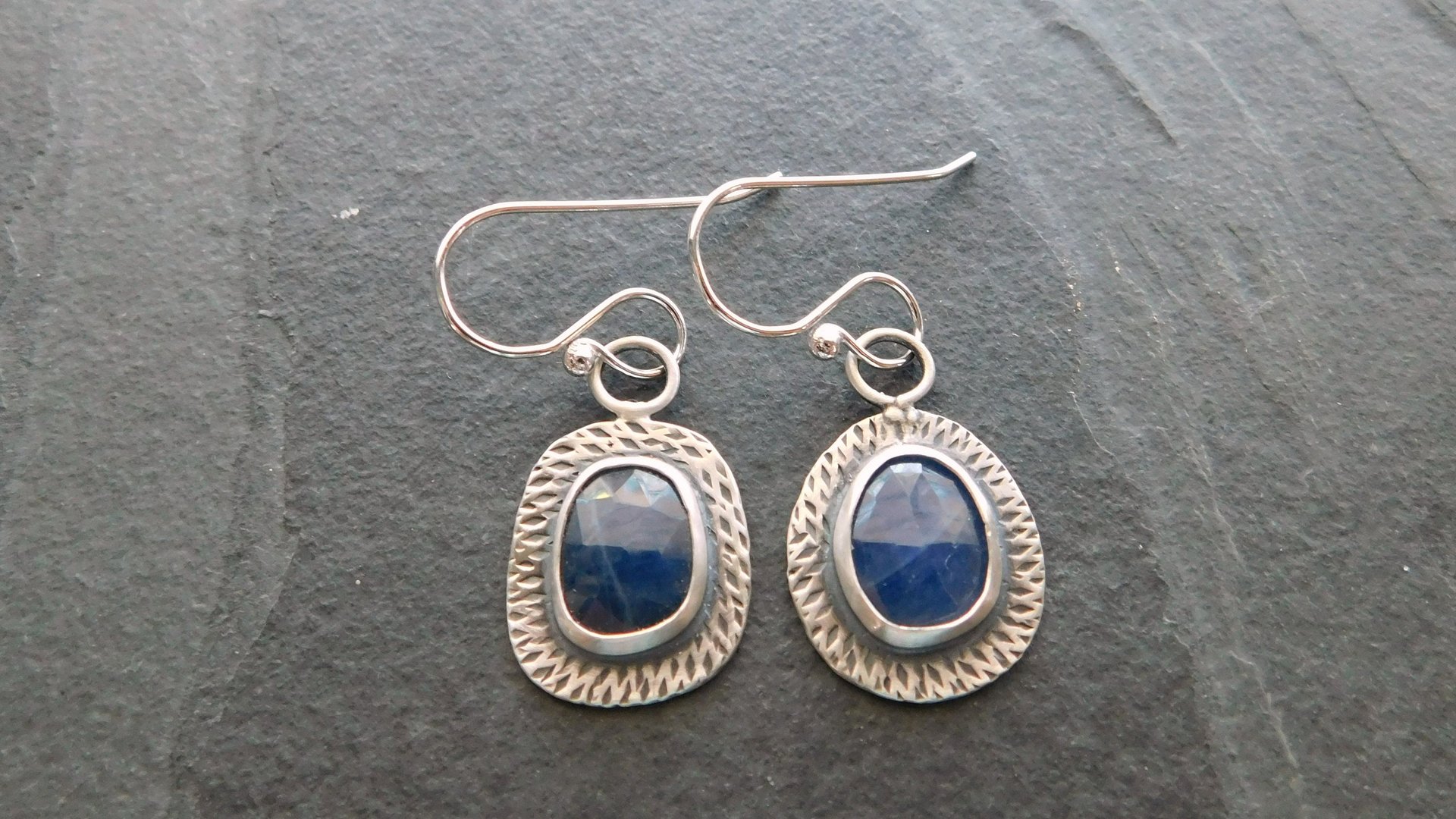 Royal Blue Sapphire Sterling Silver Stamped Textured Mismatched Dangle Earrings