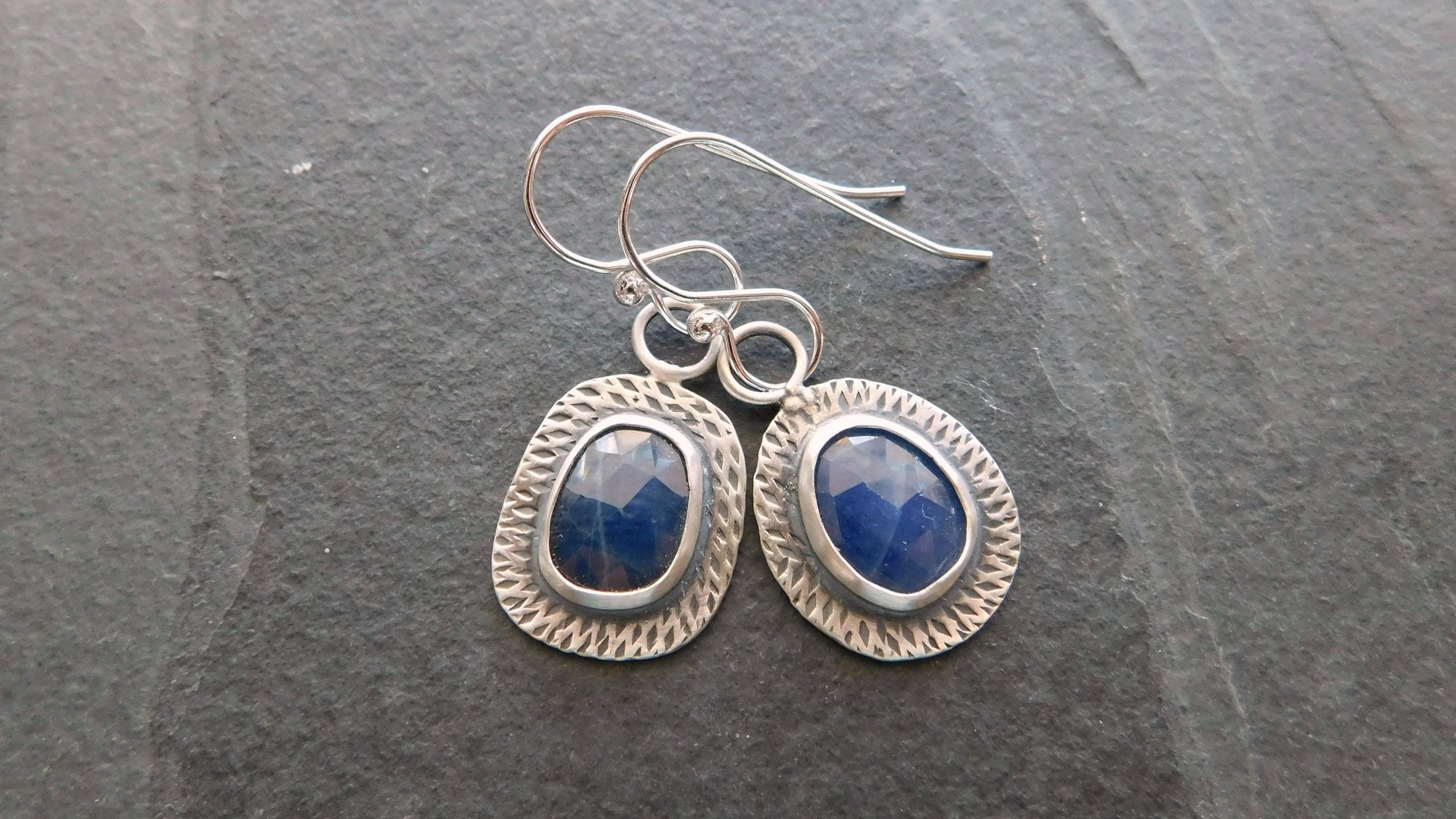 Royal Blue Sapphire Sterling Silver Stamped Textured Mismatched Dangle Earrings