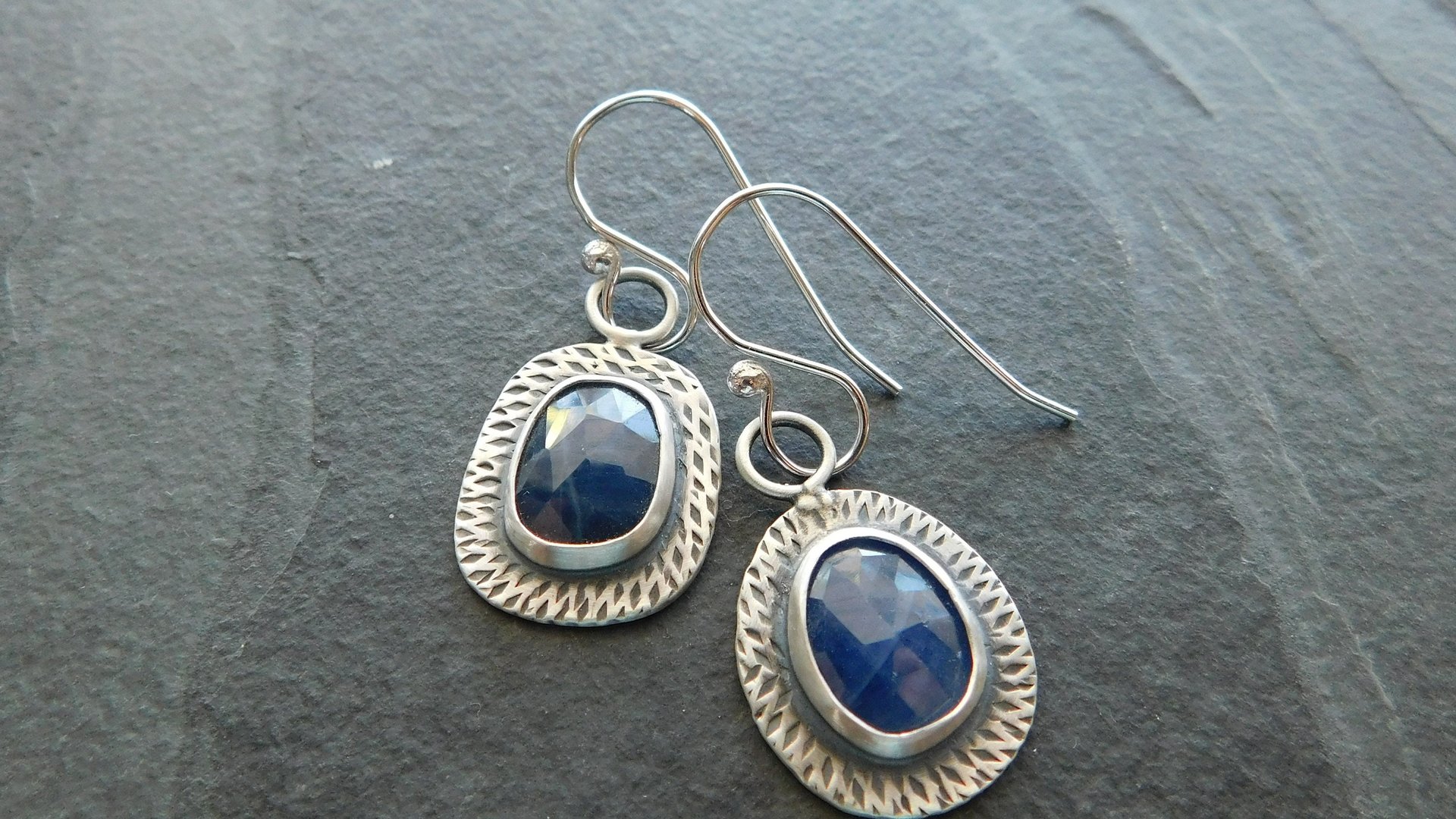 Royal Blue Sapphire Sterling Silver Stamped Textured Mismatched Dangle Earrings