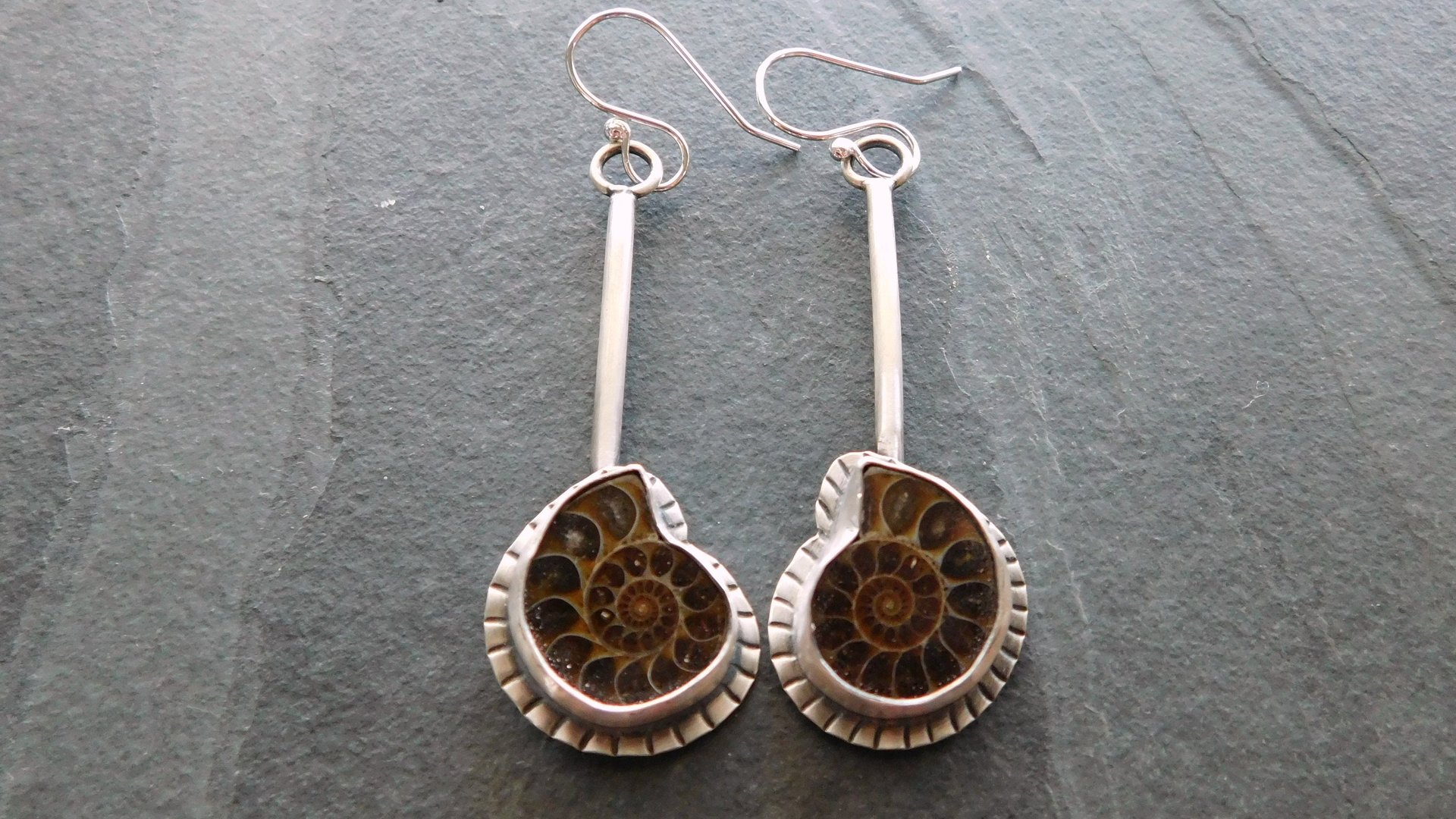 Natural Ammonite Stone Stamped Sterling Silver Long Swing Dangle Earrings