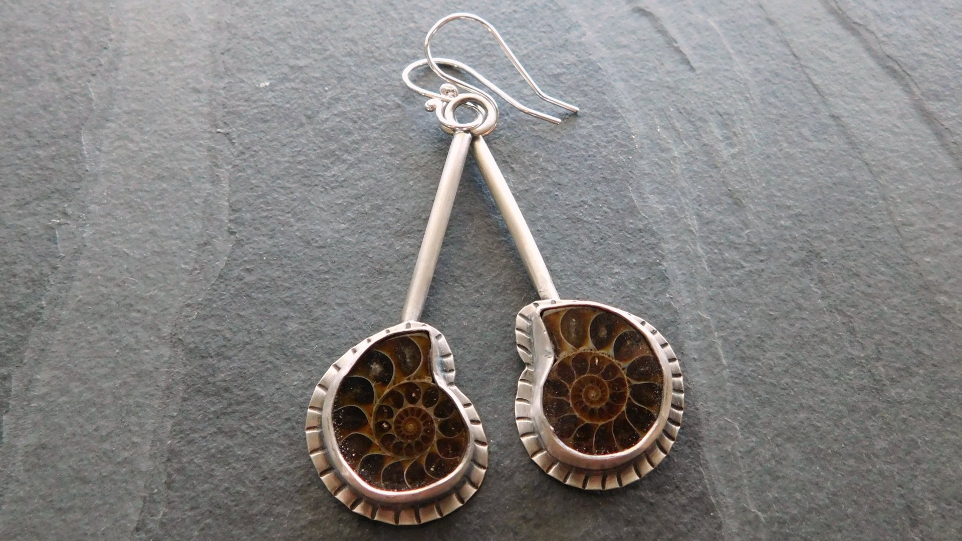 Natural Ammonite Stone Stamped Sterling Silver Long Swing Dangle Earrings