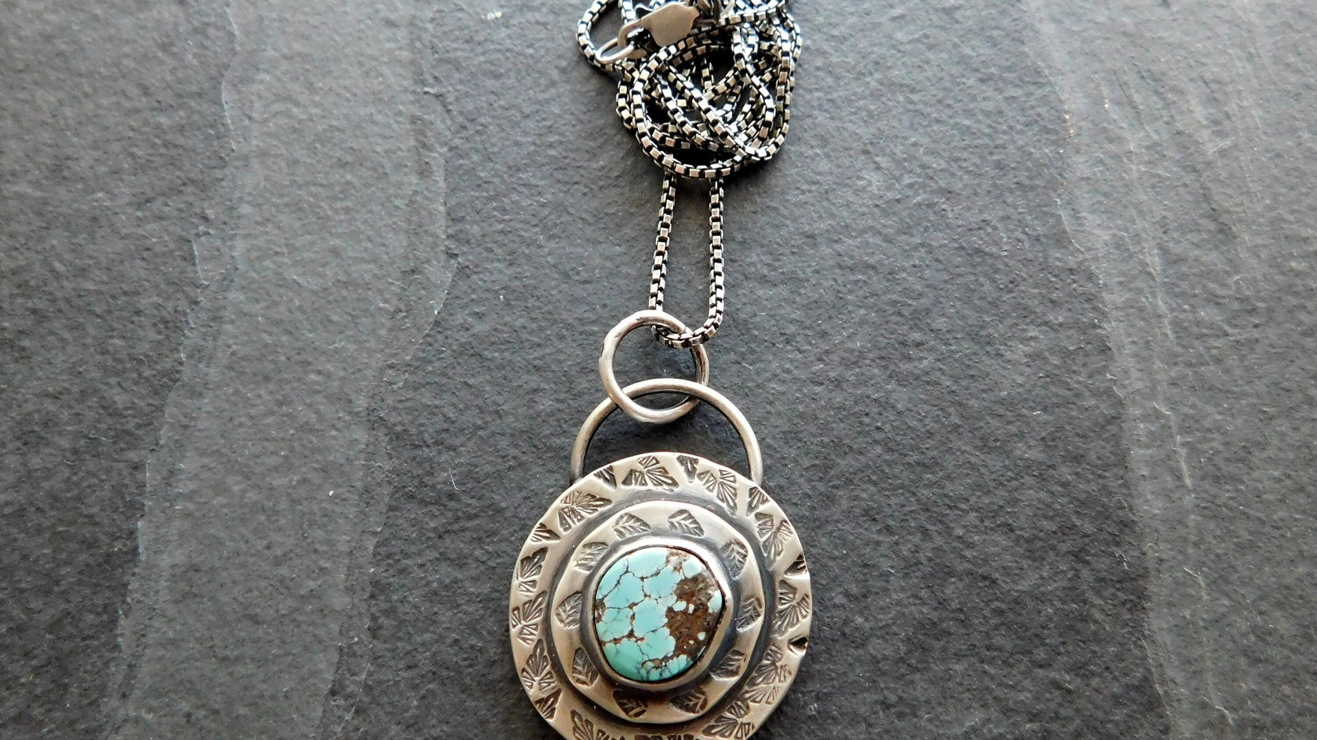 Hubei Turquoise Stamped Sterling Silver Pendant, Modern Southwestern Jewelry, Hand Fabricated Turquoise Necklace