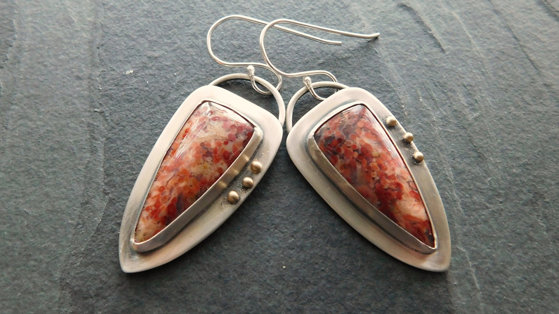 Petrified Fern Fall Color Stone Sterling Silver 14k Gold Earrings, Mixed Metal Orange Red Stone Dangles