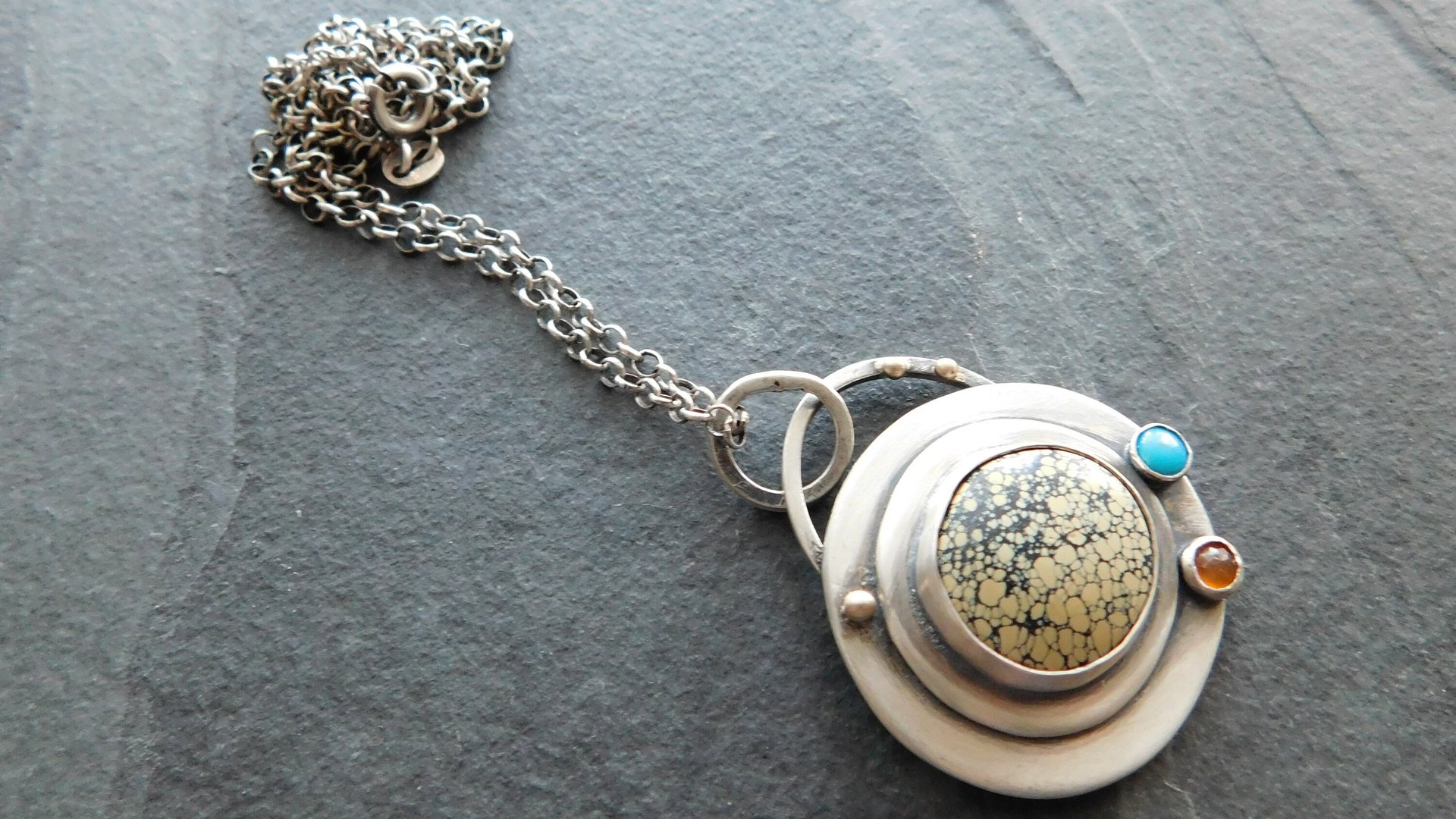 Yellow Variscite Carnelian Turquoise Multi Stone Sterling Silver 14k Gold Pendant Necklace