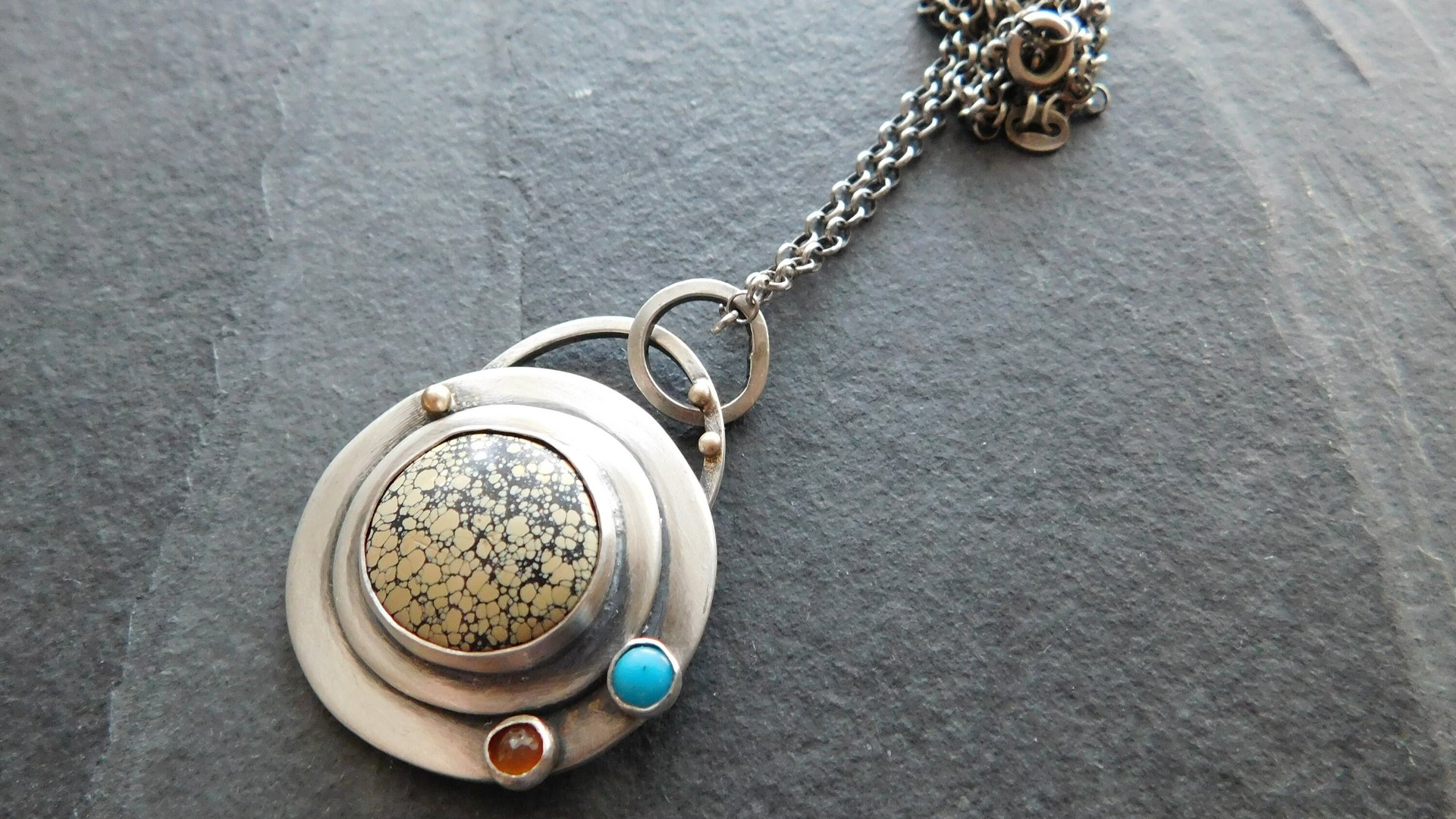 Yellow Variscite Carnelian Turquoise Multi Stone Sterling Silver 14k Gold Pendant Necklace