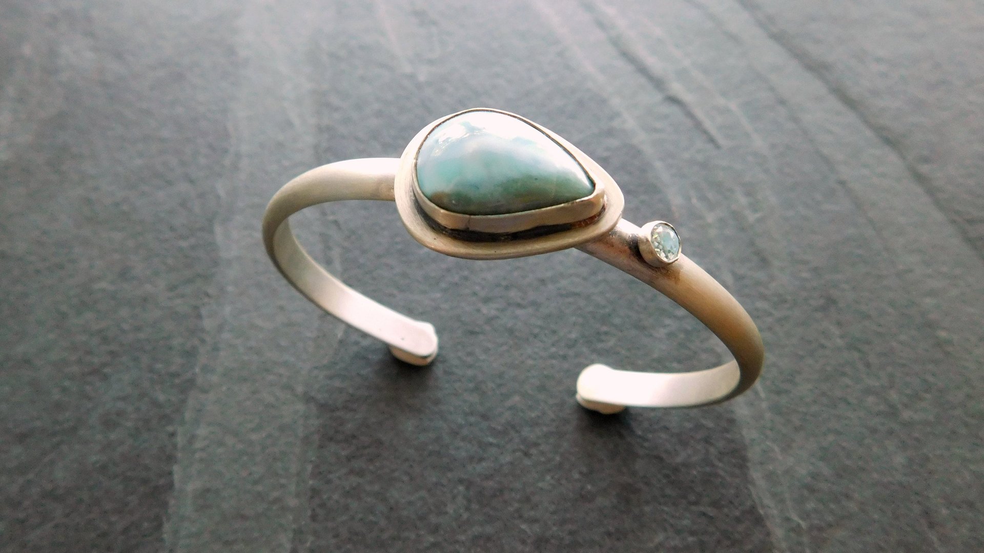 Larimar Teardrop Stone Light Blue Topaz Sterling Silver Cuff Bracelet, Ocean Blue Stone, Beach Jewelry