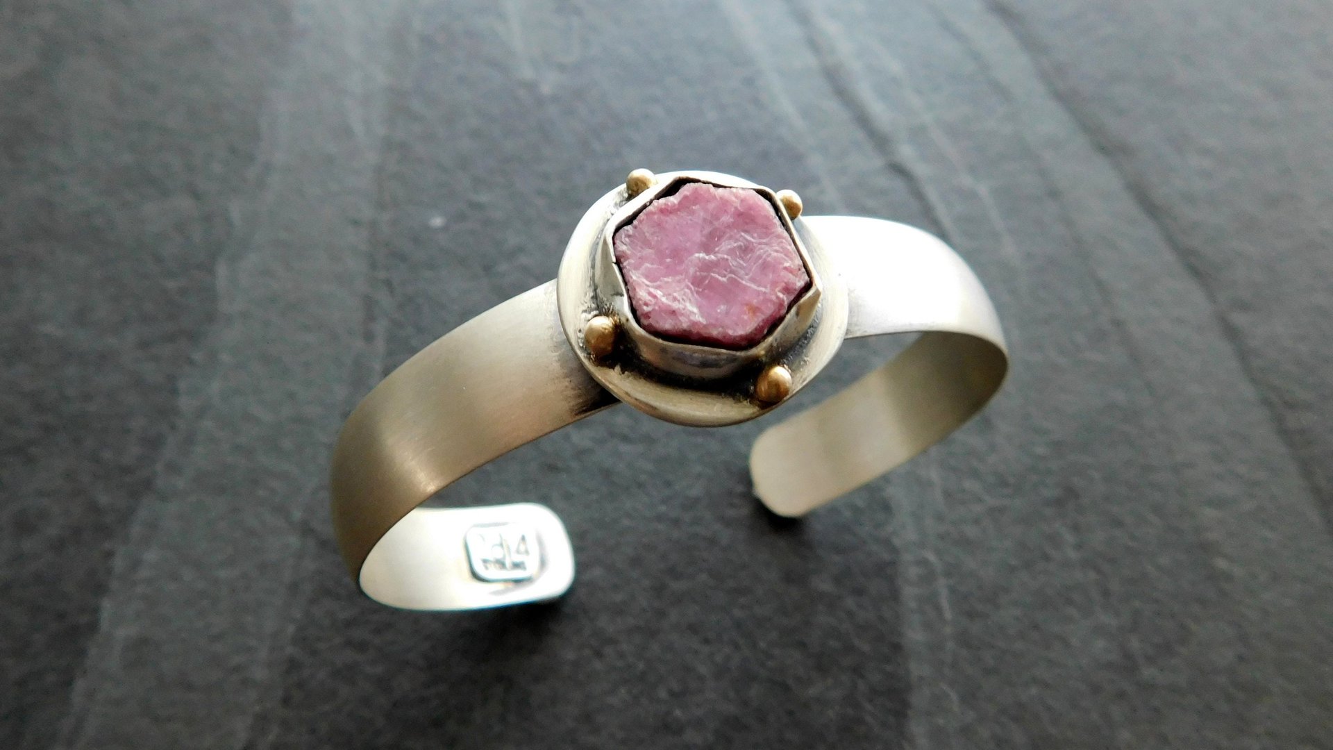 Raw Ruby Mineral Sterling Silver 14K Gold Cuff, Crystal Jewelry, Natural Ruby Statement Bracelet