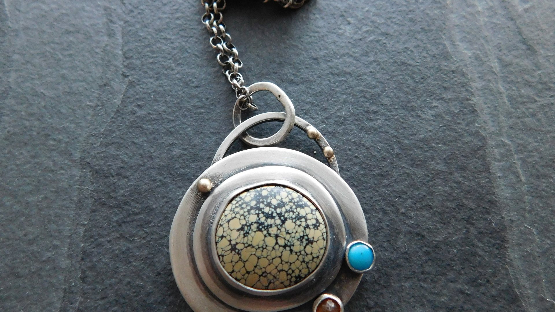 Yellow Variscite Carnelian Turquoise Multi Stone Sterling Silver 14k Gold Pendant Necklace