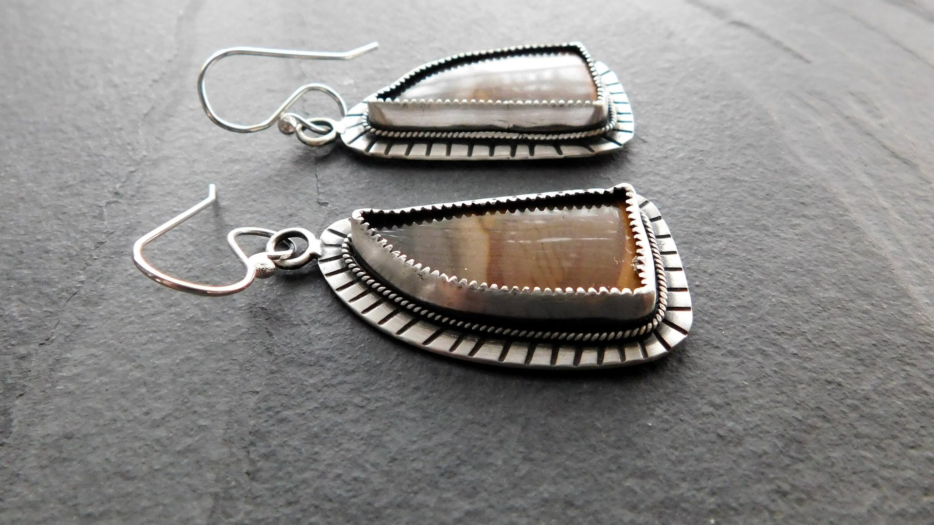 Polychrome Jasper Landscape Stone Oxidized Sterling Silver Mod Southwest Dangle Earrings
