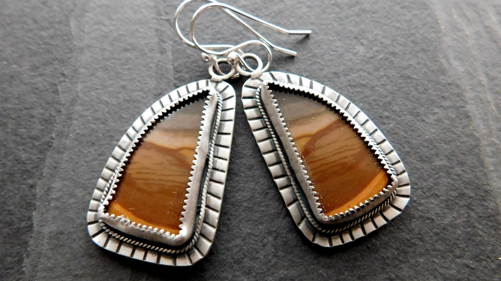 Polychrome Jasper Landscape Stone Oxidized Sterling Silver Mod Southwest Dangle Earrings