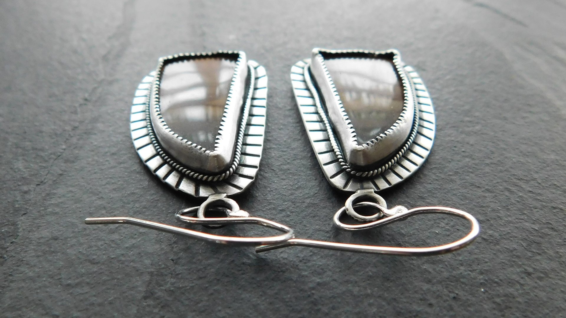 Polychrome Jasper Landscape Stone Oxidized Sterling Silver Mod Southwest Dangle Earrings