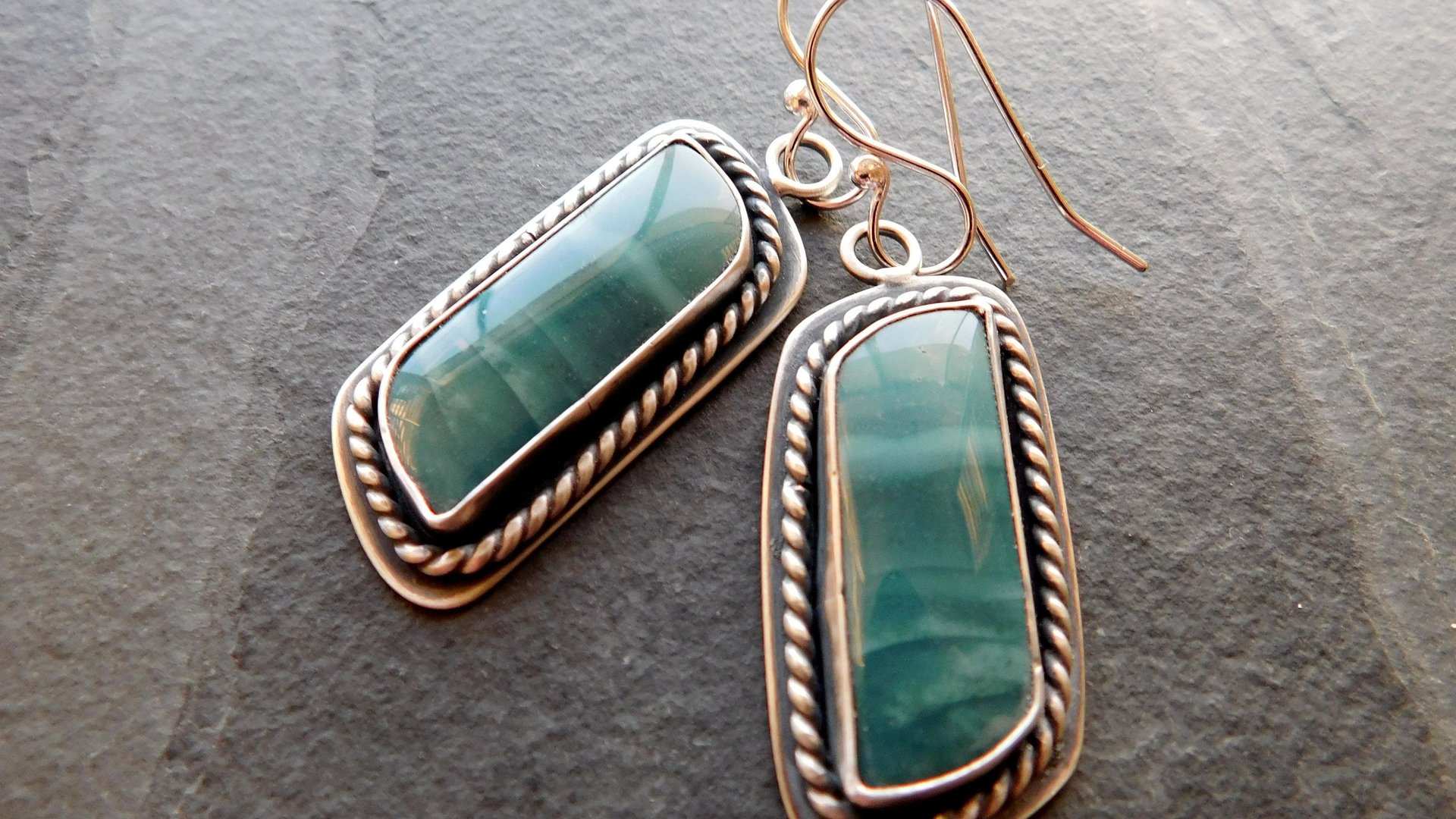 Teal Green Imperial Jasper Ocean Scene Stone Sterling Silver Dangle Earrings
