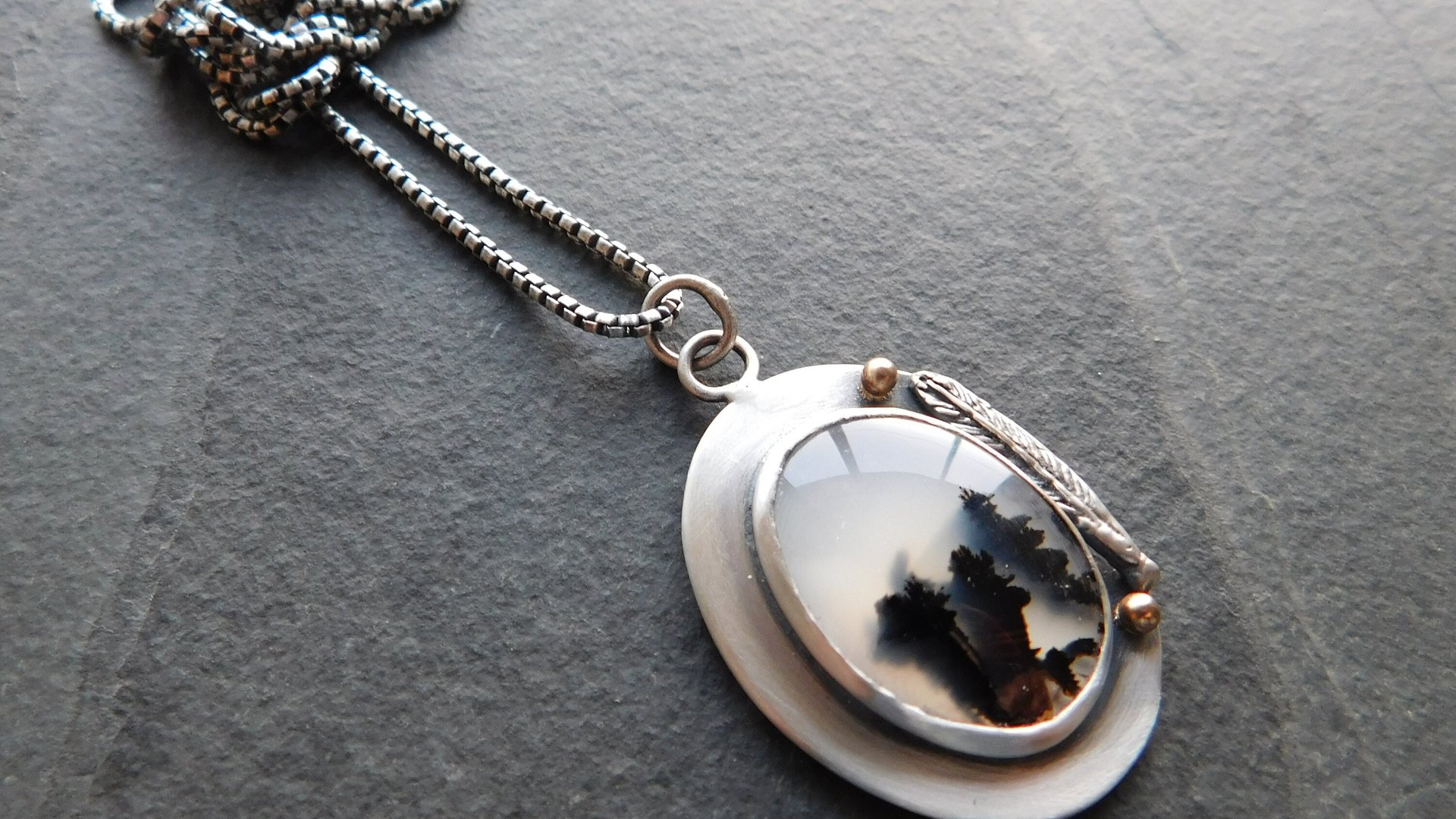 Dendritic Agate Feathers Oxidized Sterling Silver 14K Gold Mixed Metal Pendant Necklace