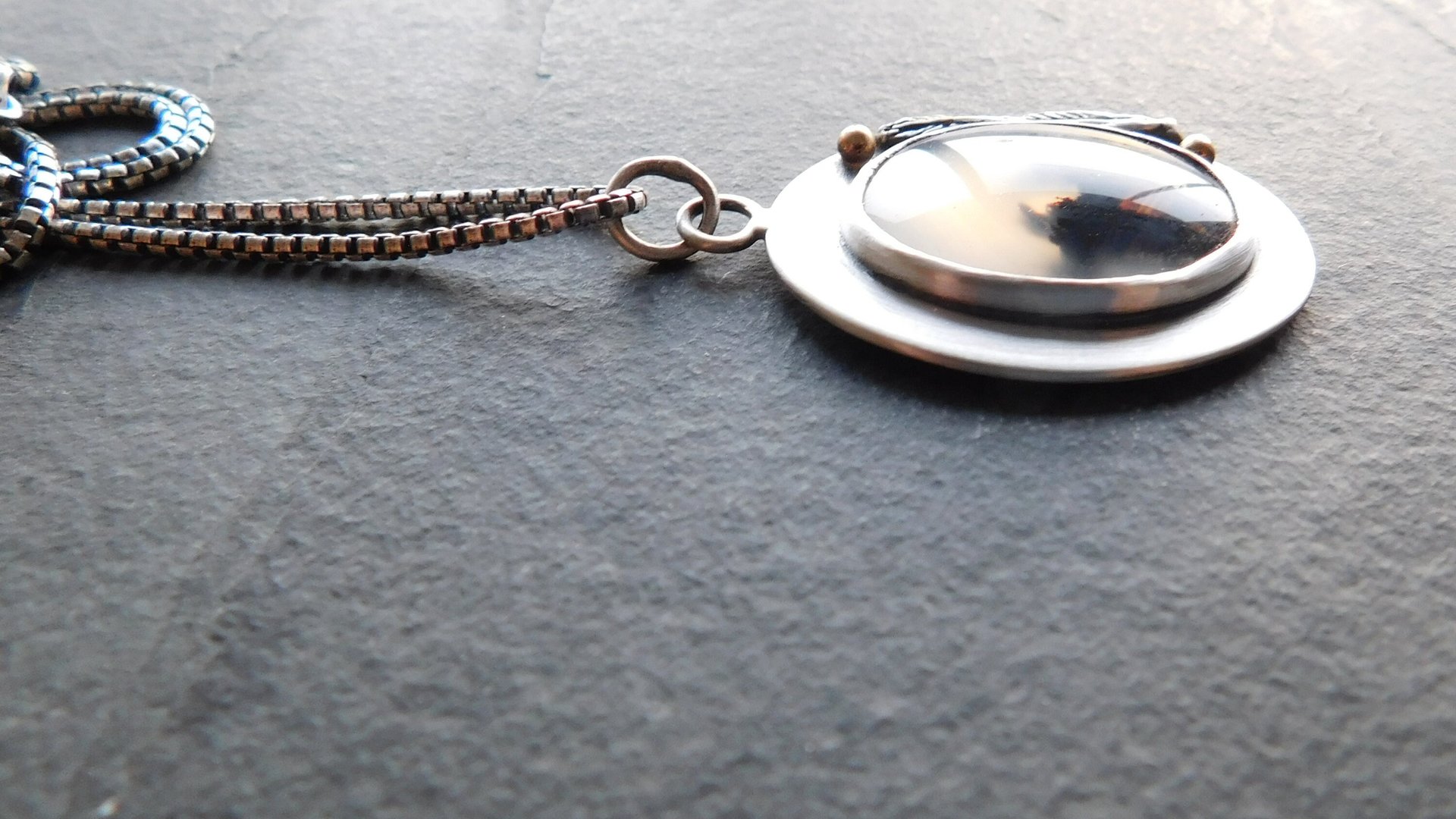Dendritic Agate Feathers Oxidized Sterling Silver 14K Gold Mixed Metal Pendant Necklace