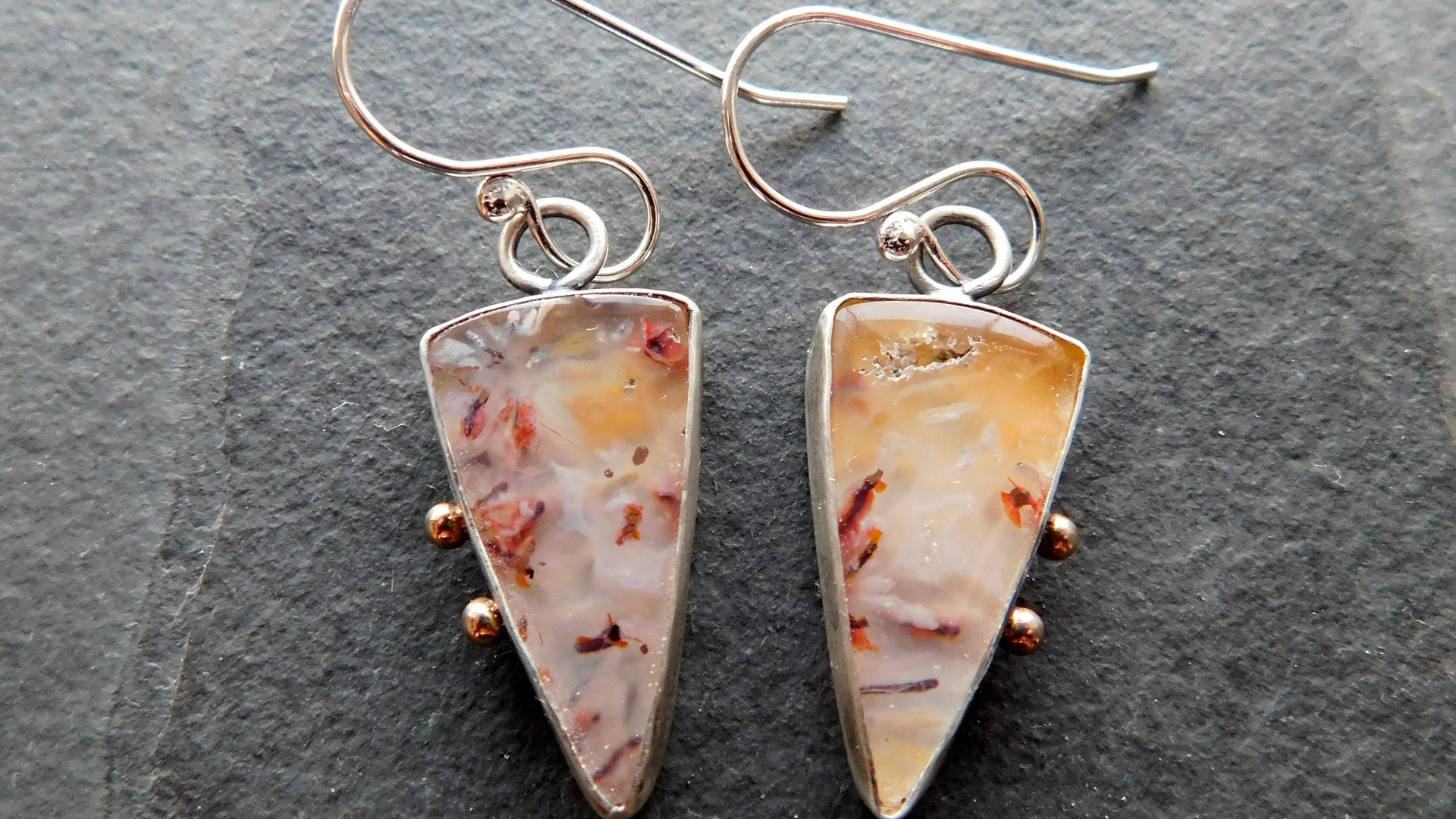 Gold Rust Confetti Chrysocolla Malachite With Copper Stone Oxidized Sterling Silver 14K Gold Accent Earrings