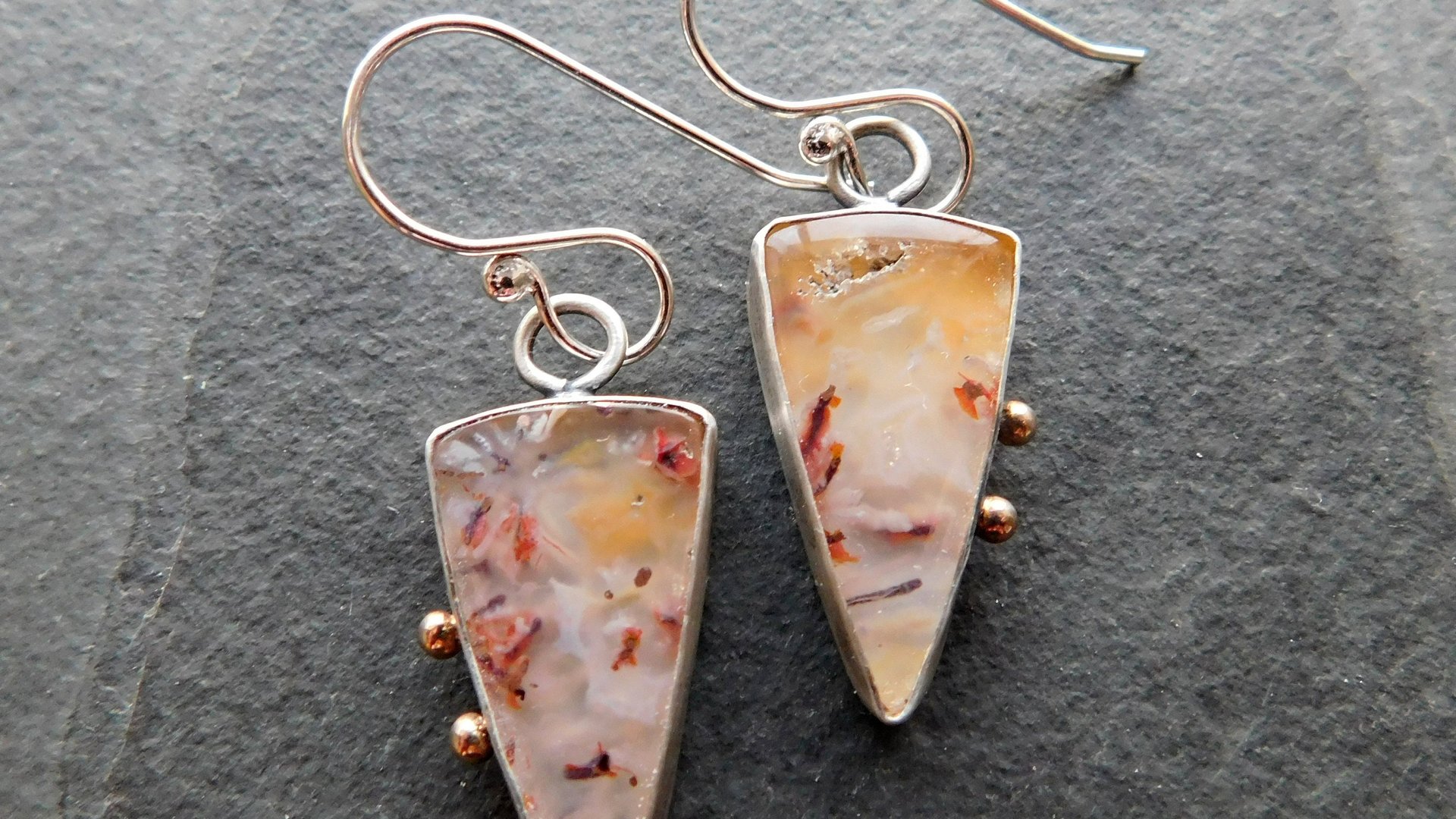 Gold Rust Confetti Chrysocolla Malachite With Copper Stone Oxidized Sterling Silver 14K Gold Accent Earrings